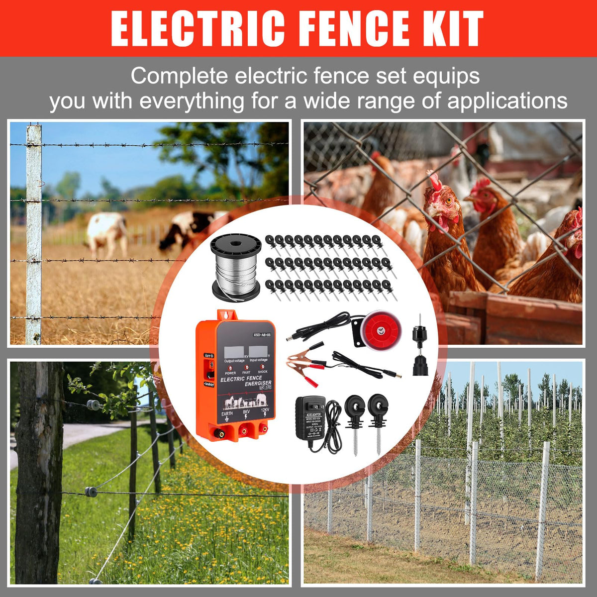 MorningRo 2J Electric Fence Charger with Digital Display & Alarm, AC/DC Dual Power, 12V Input 8KV/12KV Output, 250ft Aluminum Wire 50 Insulators & Socket Tool for Fence Boundary Applications