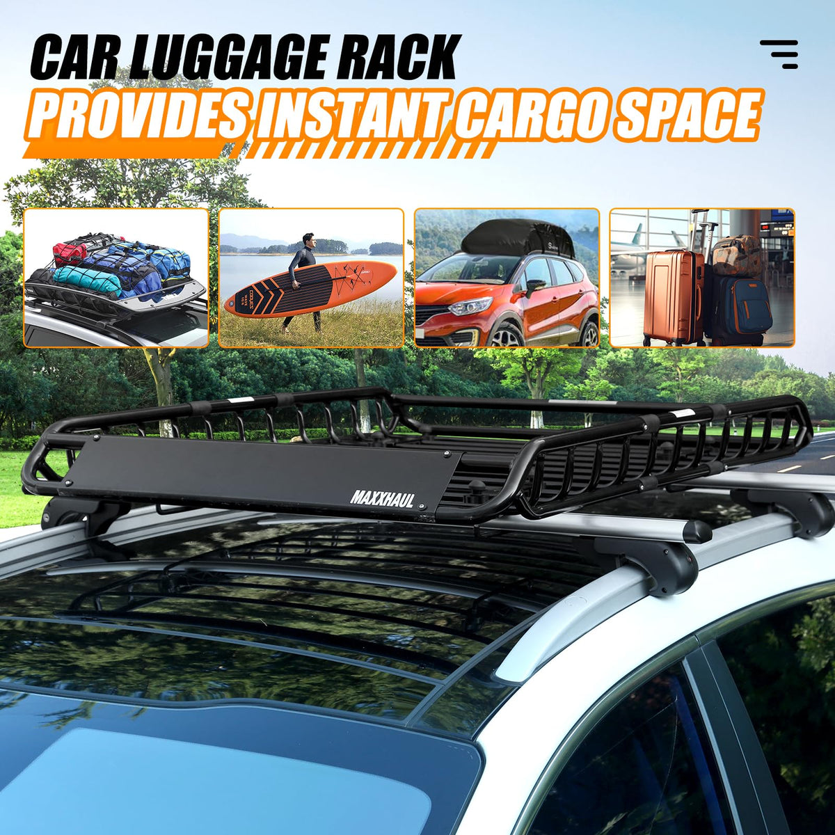 MaxxHaul 50879 46" x 36" Universal Roof Rack Rooftop Cargo Carrier Steel Basket with Net, Car Top Luggage Holder for SUV and Pick Up Trucks - 150 lb. Capacity