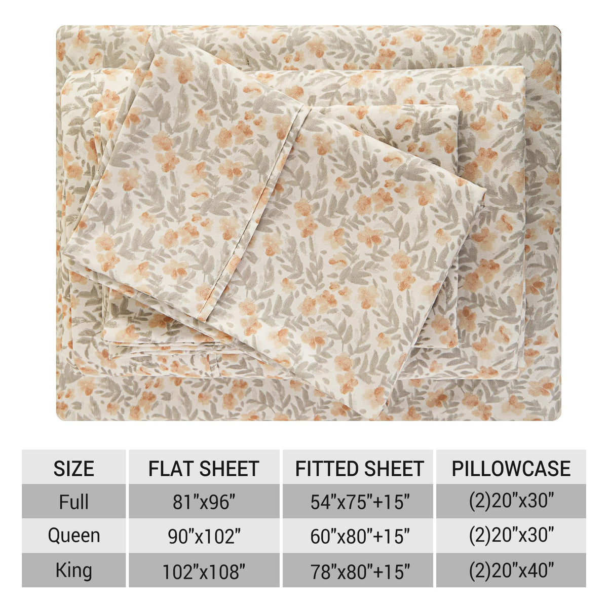 Viviland Floral Twin Sheet Set - 3 Piece Vintage Light Orange Flower Patterned Bed Sheets - Soft, Breathable Microfiber Sheets with Deep Pocket, Non-Slip Fitted Sheets & Pillowcases