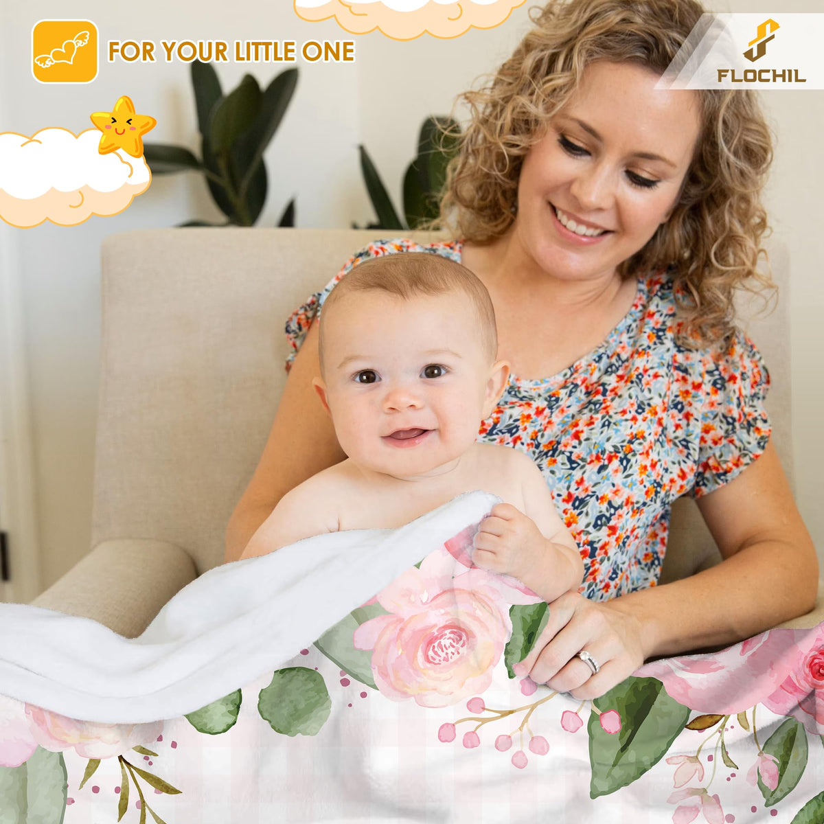 FLOCHIL Personalized Baby Blanket for Girls, Custom Baby Blanket with Name, Customized Floral Baby Blanket, Gift for Baby Shower, Toddler, Babies, Newborn