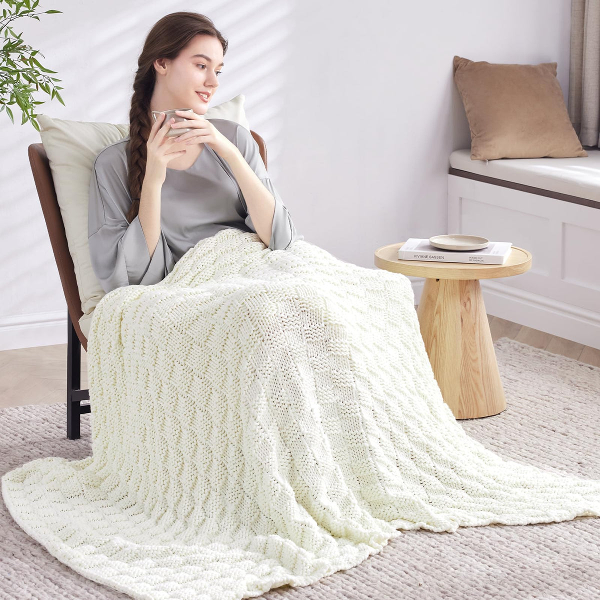 Wellfeel Knitted Weighted Blanket for Adult, No Beads Heavy Blanket 48” x 72'' 12lbs, Breathable Chunky Knit Blanket, Cooling Weighted Blanket for Hot Sleepers, Christmas Home Decor (Ivory White)