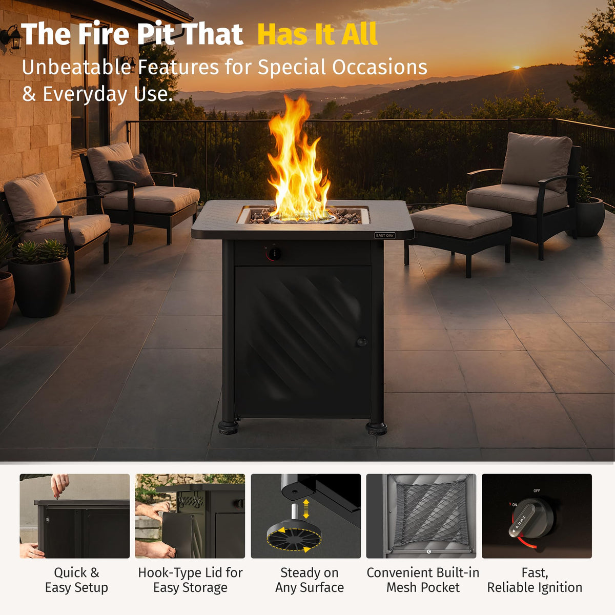 East Oak 28โ Outdoor Propane Fire Pit Table | 52,000 BTU Gas Fire Pit for 2-4 People with Space-Saving Hock Lid, Mesh Pocket & Lava Rocks | CSA Certified Safe for Patio, Deck, Backyard, Black