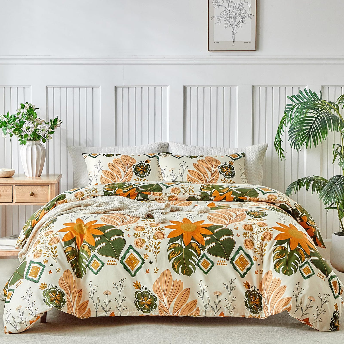 Lekesky King Size Reversible Duvet Cover, Duvet Cover King Size 3 Piece Baroque Microfiber Botanical Bedding Set with Zipper Closure Corner Ties