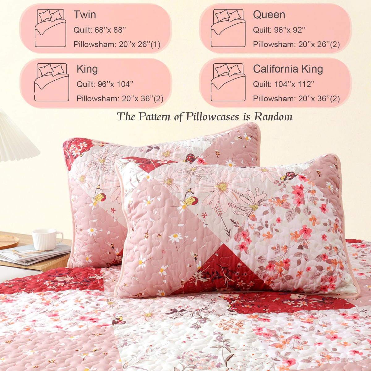 Whale Flotilla Patchwork Quilt King Size, Extra Soft Boho Floral Bedspreads for Bed Reversible Lightweight King Quilt Bedding Set Printed Coverlets with 2 Pillow Shams for All Seasons, Red