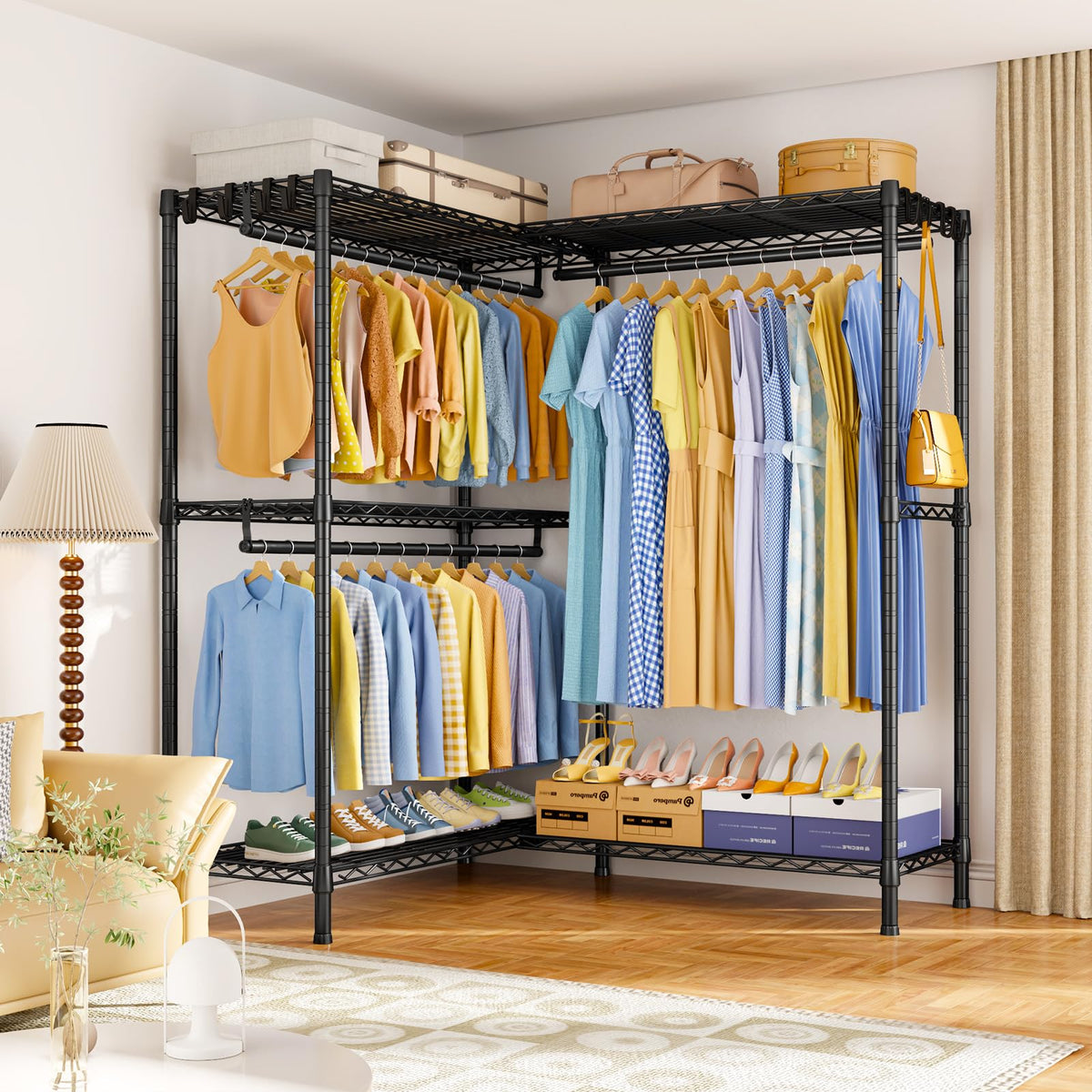 ULIFHOME E15 Pro Garment Rack L Shaped Clothes Rack for Corner,Freestanding Clothing Racks for Hanging Clothes,Heavy Duty Closet System with 4 Hanging Rods & 8 S Hooks,48.8"W x 15.8"D x 78.4"H,Black