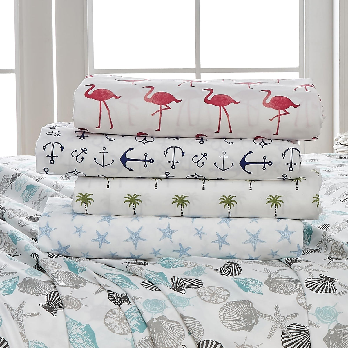 Great Bay Home King Coastal Microfiber Sheet Set - 4-Piece Nautical-Printed, Ultra-Soft Sheets - Beach-Themed Bedding Sheets & Pillowcases (Palm Tree)