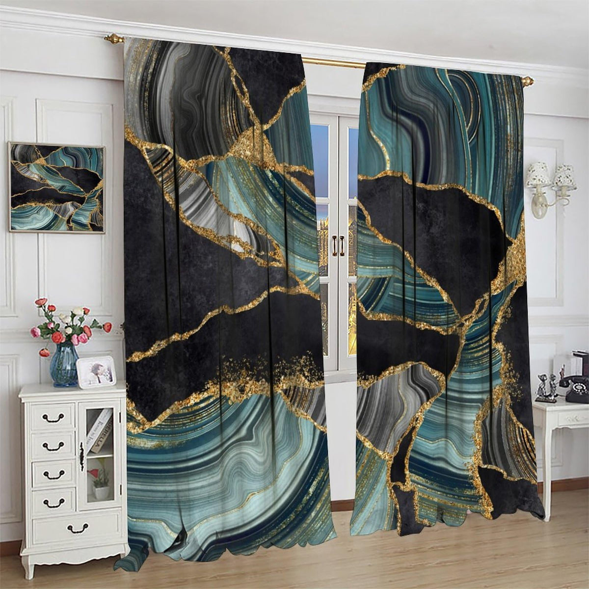 JADERYS Marble Blackout Curtains Modern Luxury Black Green Grey Abstract Texture Marble Art Print for Bedroom Living Room Bathroom Rod Pocket Decoration Window Drapes 2 Panels W21xL45in