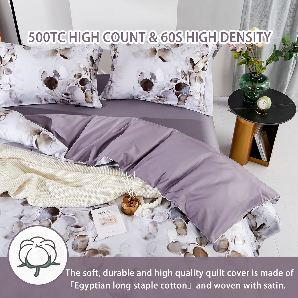 MILDLY Duvet Covers Queen Size - 100% Long-Staple Cotton Soft & Breathable Cobblestone Watercolor Painting Abstract Comforter Cover Set 500TC