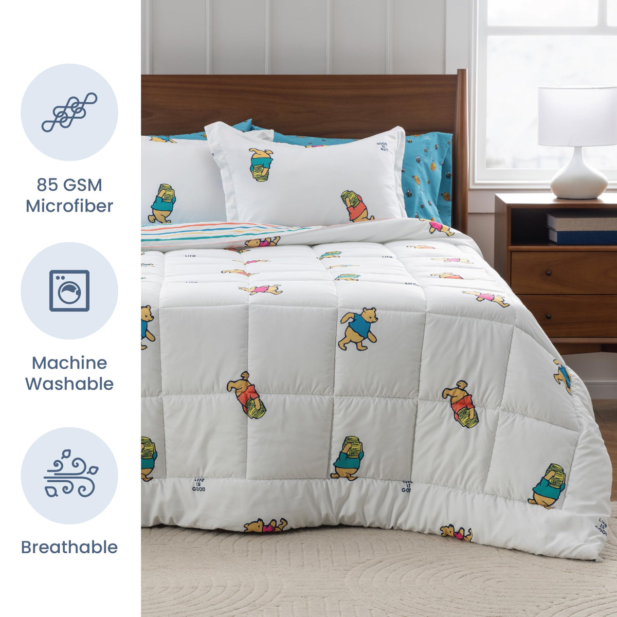 Berkshire LIG Printed Reversible Microfiber Comforter Set–7-Piece, Ultra Soft All-Season Bedding, Wrinkle & Fade Resistant, Queen, Dancing White