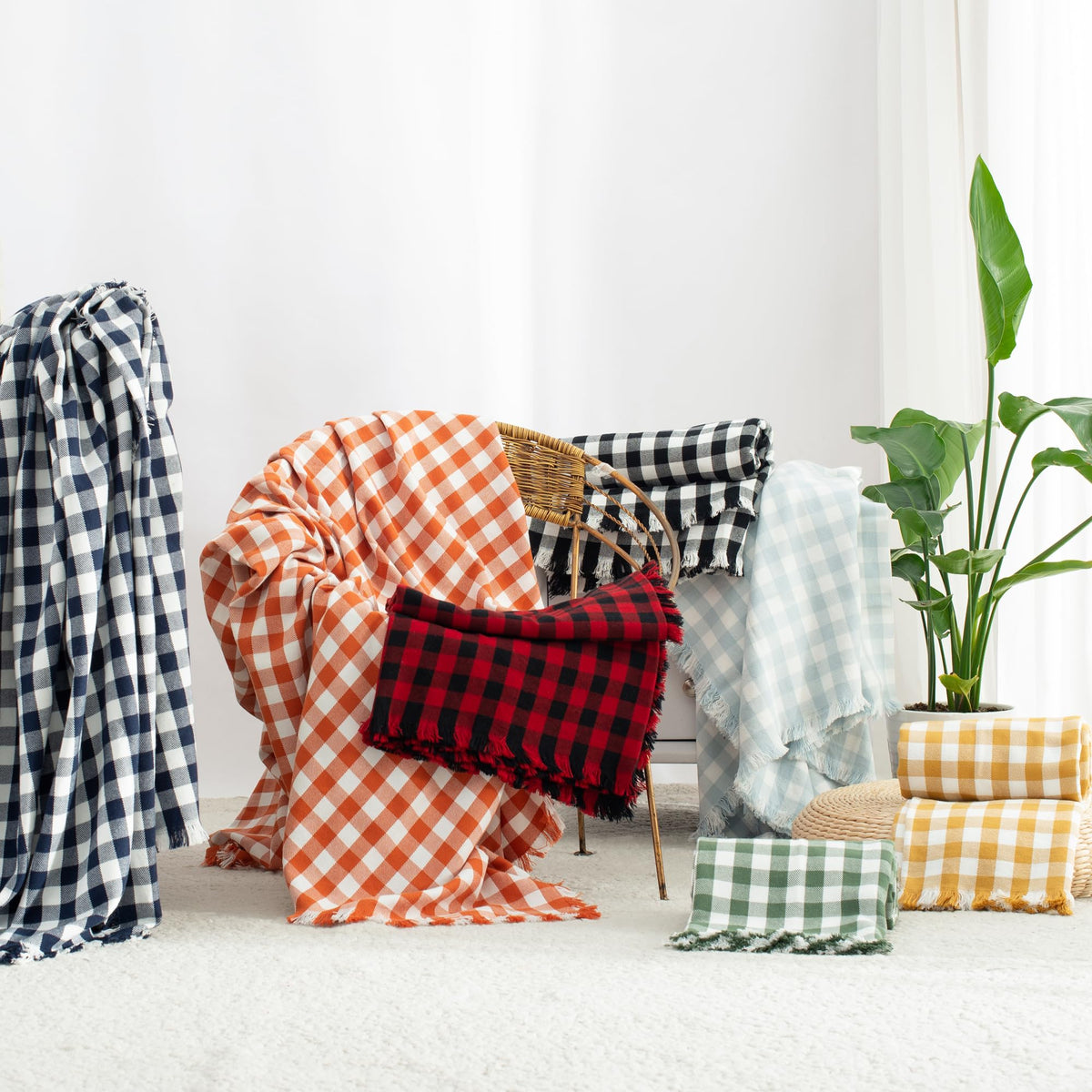 CloudDwelling 100% Cotton Throw Blanket Plaid Soft Lightweight Cozy Farmhouse Tassels Summer Thin Breathable Throws for Couch Sofa Bed (50" × 60" Green)