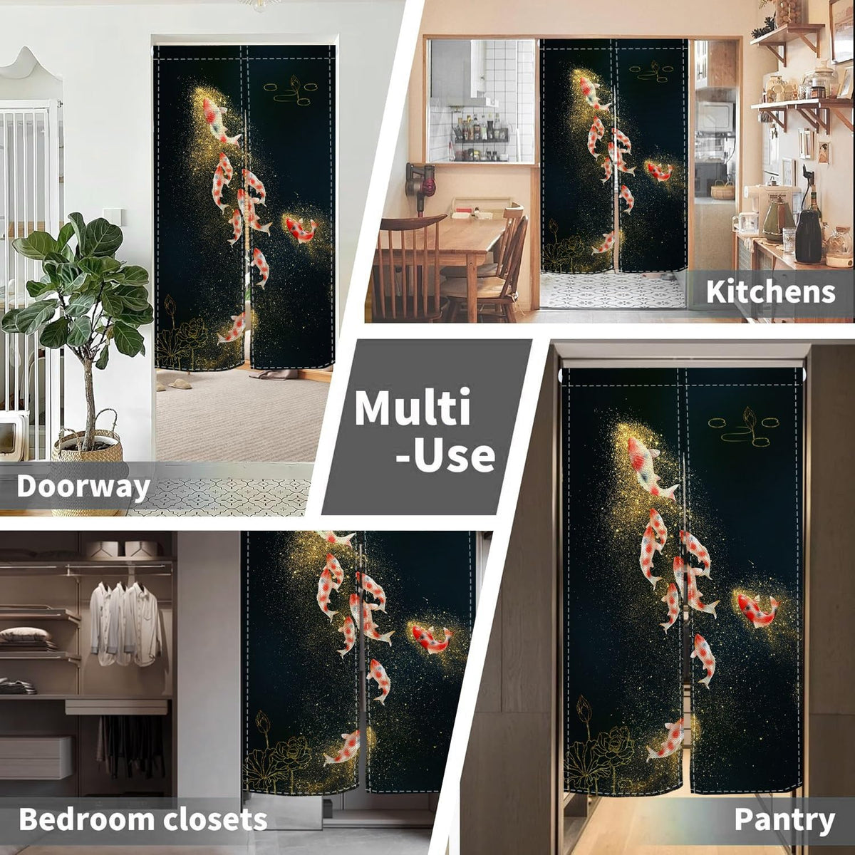 Leowefowa Chinese Ink Painting Doorway Curtain Japanese Noren Kio Fish Door Curtains Asian Feng Shui Tapestry Window Treatment Hanging for Room Privacy Divider Kitchen Home Decor, 33.5"x 70.9"