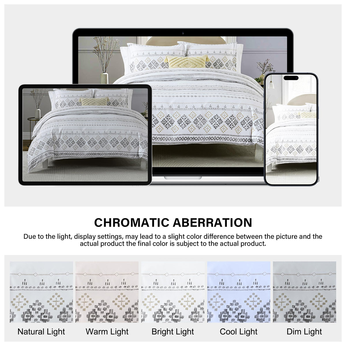 VOOVY Duvet Cover King - 100% Cotton Boho Duvet Cover King Size, 3 Pieces Bohemian Geometric Lightweight Soft Breathable Bedding Duvet Covers Set for All Season (Charcoal, 104"x90", No Comforter)