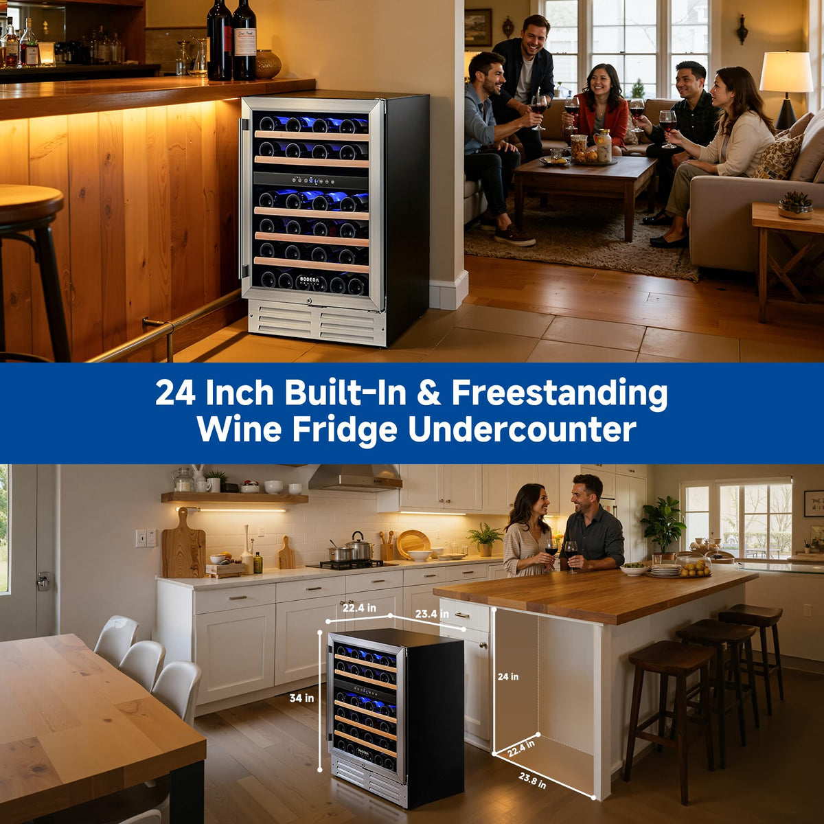 BODEGA 24 Inch Dual Zone Wine Fridge, 46 Bottle Built-in Wine Cooler with Compressor Cooling, Double-Layer UV Glass Door, Digital Thermostat & â¤35dB Quiet â Freestanding Fridge for Home Kitchen Bar