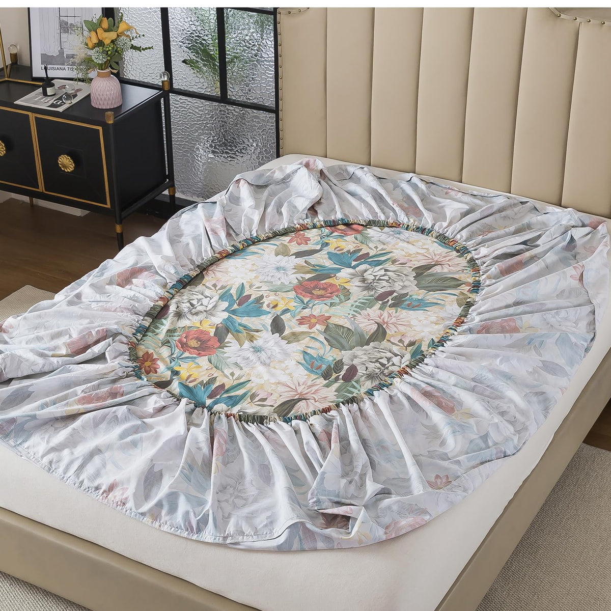 FADFAY California King Sheet Set, 100% Cotton Sateen Soft Breathable, Luxury Vintage Floral Bed Sheets, Deep Pocket Fitted Sheet, Classic Garden Style Bedding, 4 Pieces