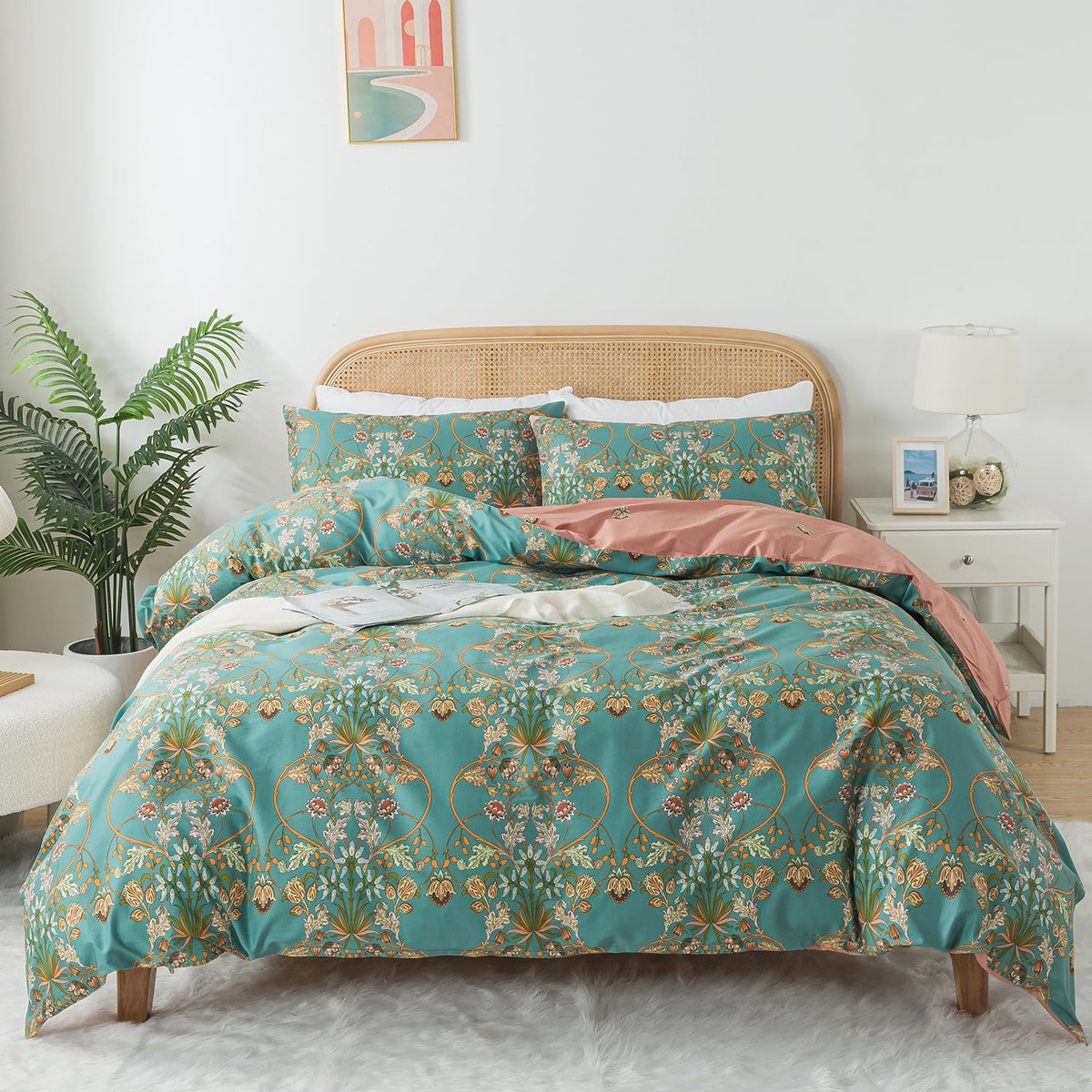 Zusbest Boho Duvet Cover Set Queen Size 100% Cotton Floral Bohemian Comforter Cover Teal Green Printed Reversible Orange Bedding Luxury Crisp Soft French Country Bedding 3Pcs, Queen