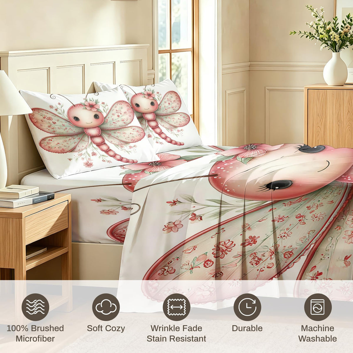 Cute Dragonfly Queen Bedding Set Girls Kawaii Sheet Sets