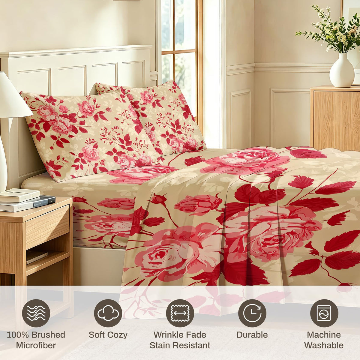 Red Rose California King Sheet Set 4 Pcs Vintage Floral Bed Sheets