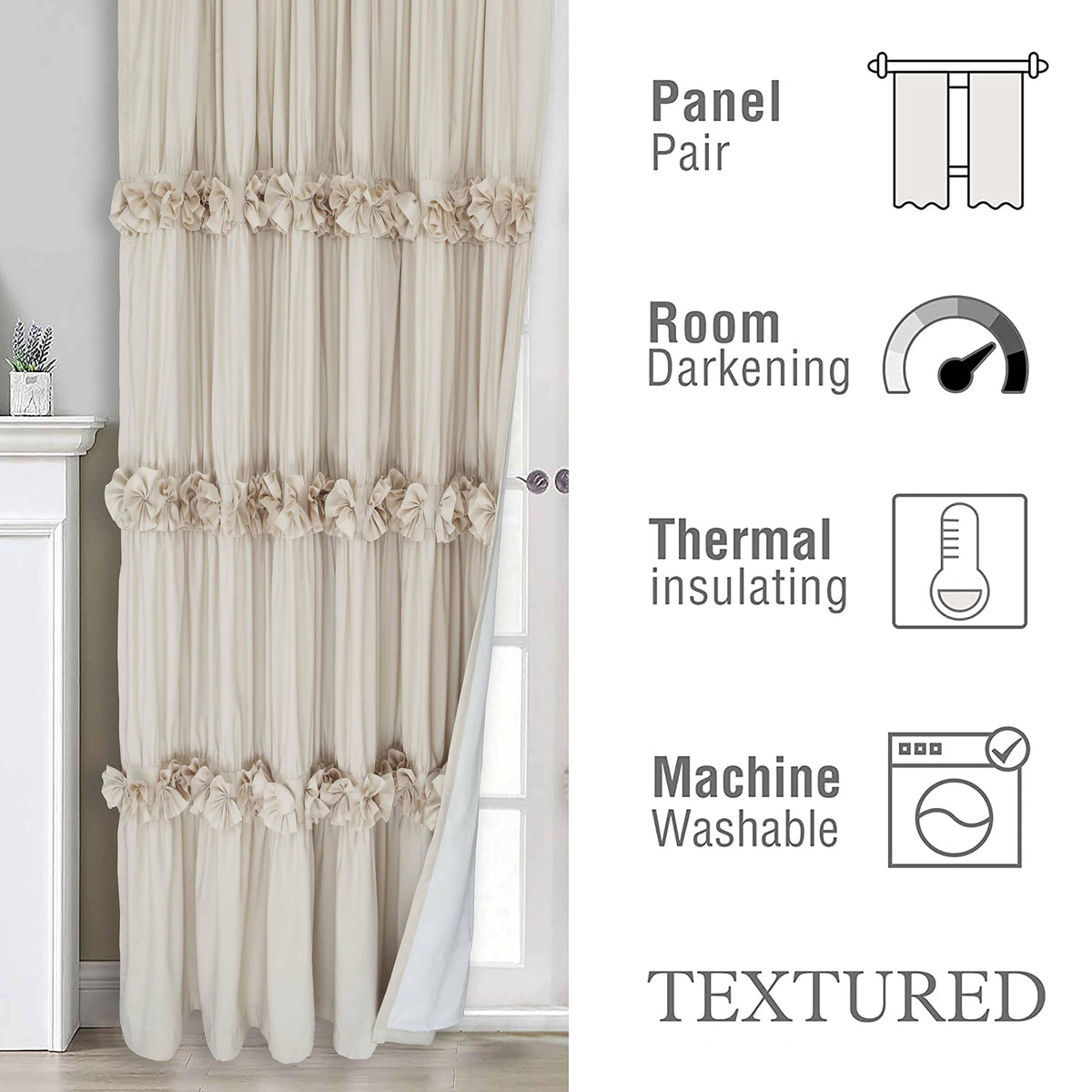 Homechoice Decor Thermal Insulated Blackout Window Curtains, 54" W x 84" L (Pair), Boho Ruched Window Treatments with 3 Rows of Butterfly Flowers, Rustic Rod Pocket Drapes for Room, Camel (LQ-30)