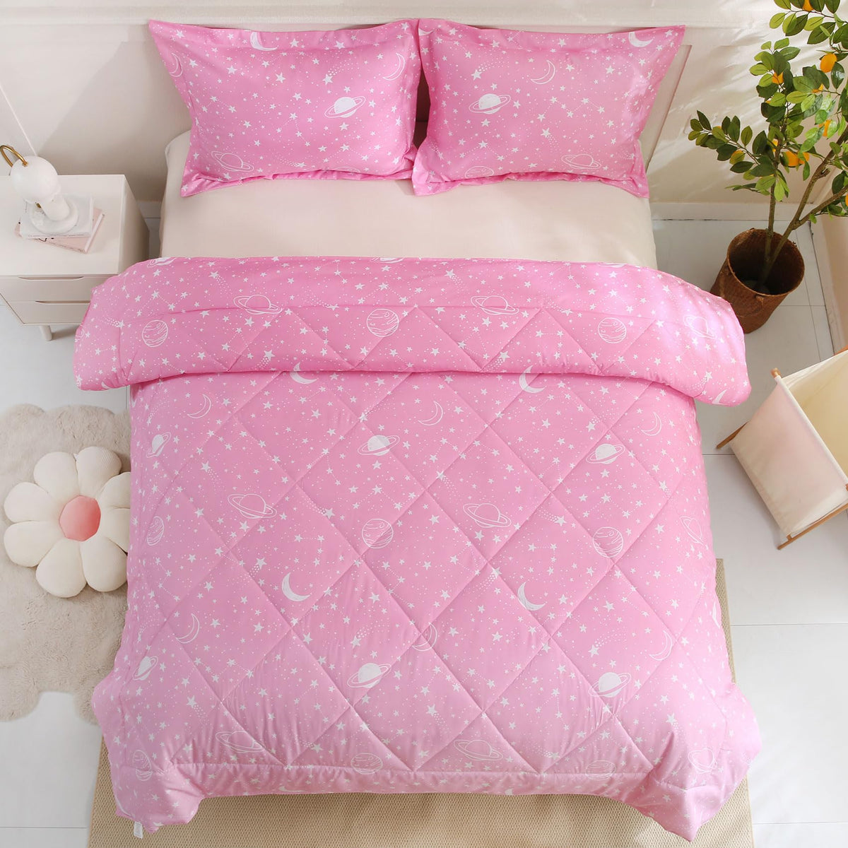 JSD Gradient Pink Stars Kids Comforter Set Twin Size, 2 Piece Space Theme Girls Printed Microfiber Bedding Set, Machine Washable