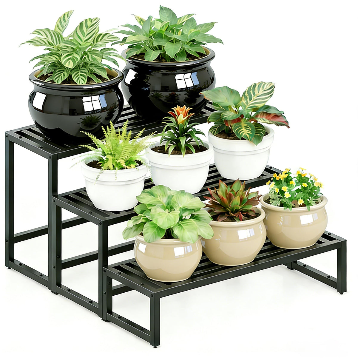 Hongsane Plant Stand Indoor Outdoor,3 Tier Ladder Metal Plant Stands Riser,Heavy Duty Wrought Iron Plant Shelves for Multi Large Pots,Black Tiered Flower Display Holder for Living Room,Patio,Balcony