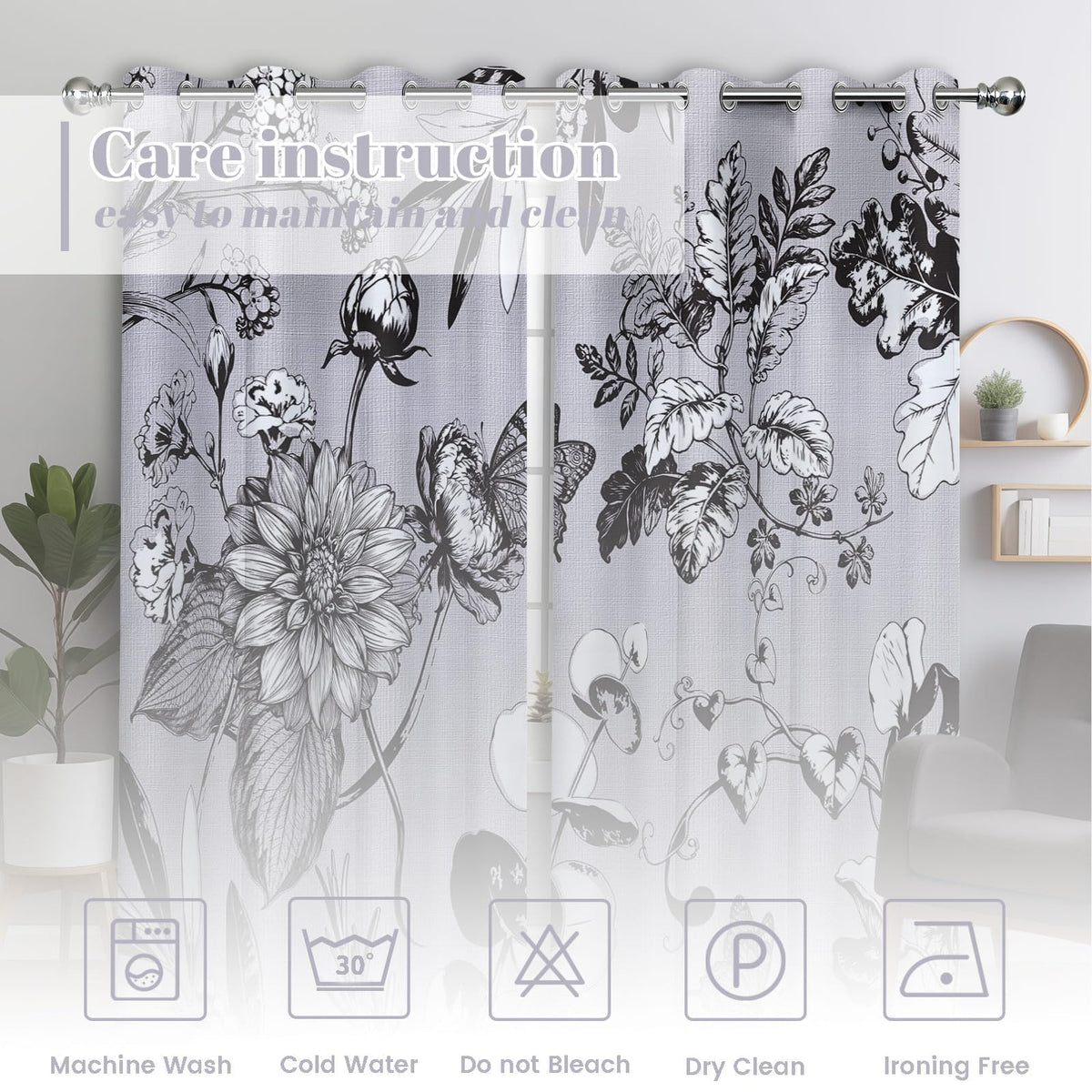 soeeao Light Grey Vintage Botanical Blackout Curtains Patterned Grey and White Floral Window Drapes for Bedroom Living Room, 84 inch Length 2 Panels Set, 52x84 inch
