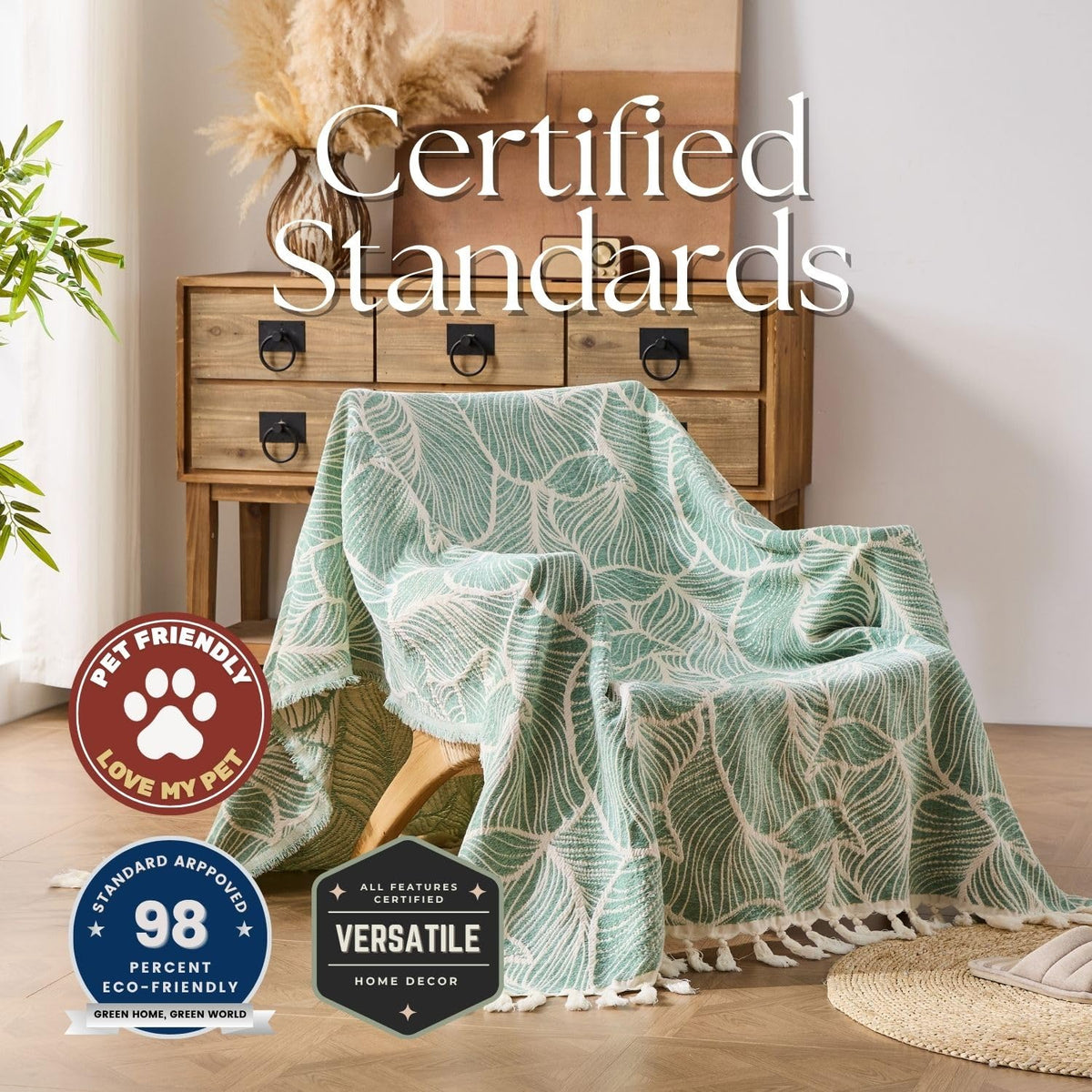 DOWN HOME Chenille Cotton Throw Blanket for Couch, Lightweight Boho Blanket for Bed Sofa Chair Living Room Outdoor Soft Woven Decorative Blanket with Tassel Gift Green Leaves 55"x60"