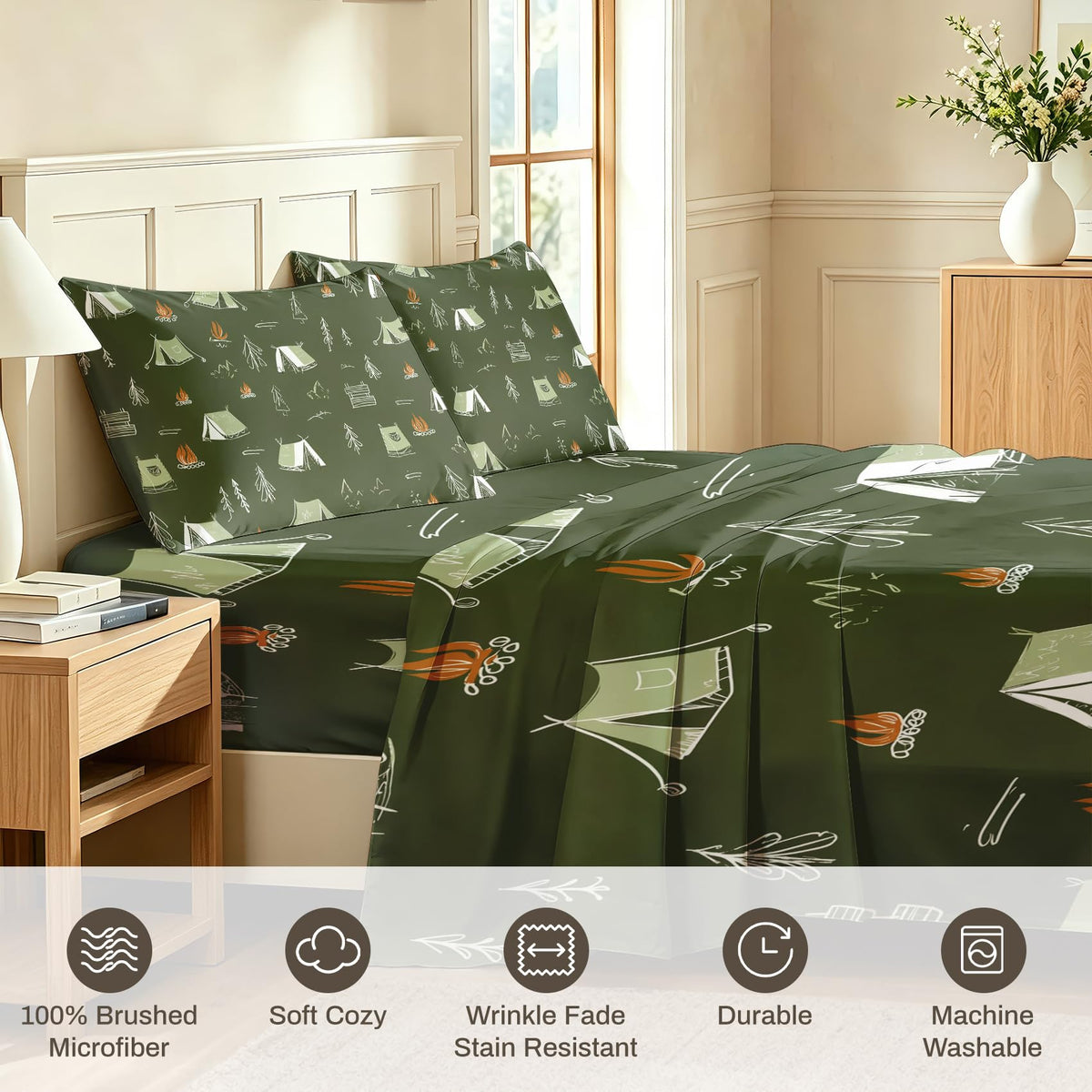 Camping Tent King Sheet Set Kids Flat Fitted Sheet Sets, Green