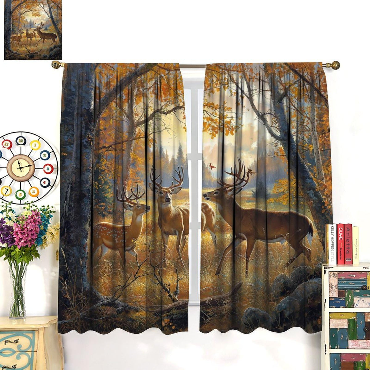 LOMADIA Wildlife Deer Blackout Curtains, Rustic Forest Hunting Farmhouse Retro Elk Pattern Drapes Home Window Treatments Curtain for Kitchen Bedroom Living Room Decor 42" W x 45" L