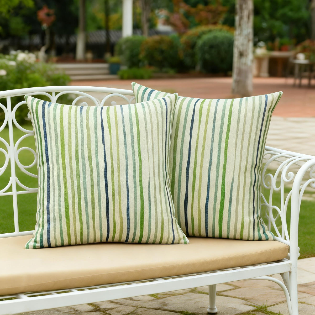 All Smiles Spring Outdoor Waterproof Throw Pillow Covers 18x18 Set of 2 Green Sunbrella Decorative Cushion Cases Porch Decor for Patio Bench Garden Furnitures Couch Sofa,Sage Green Lines Stripes