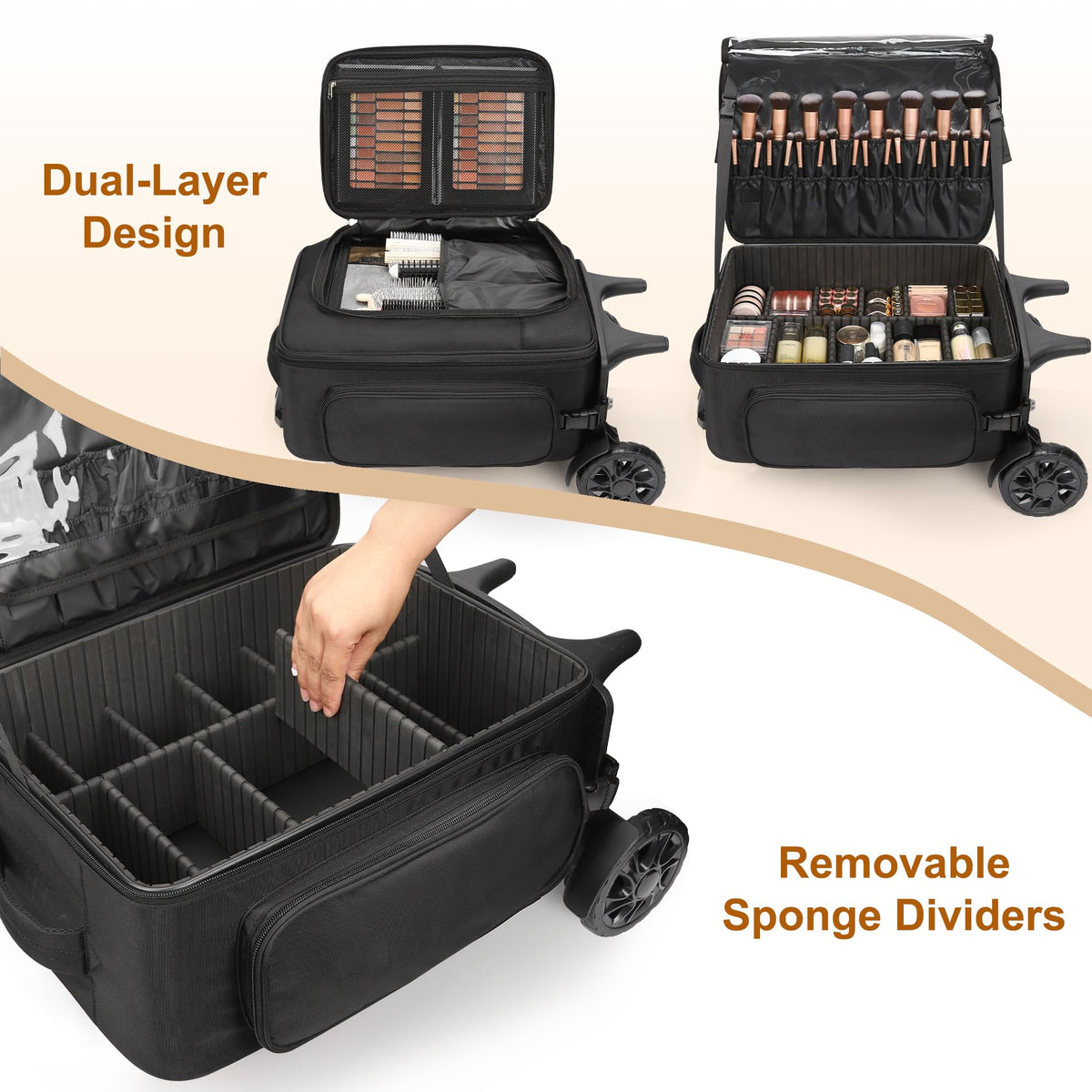 Relavel Rolling Makeup Case with Makeup Brush Case, Large Make Up Travel Organizer with 2 big Wheels, Professional Lockable Makeup Artist Backpack with Adjustable Dividers for Daily Use, Trip - Black