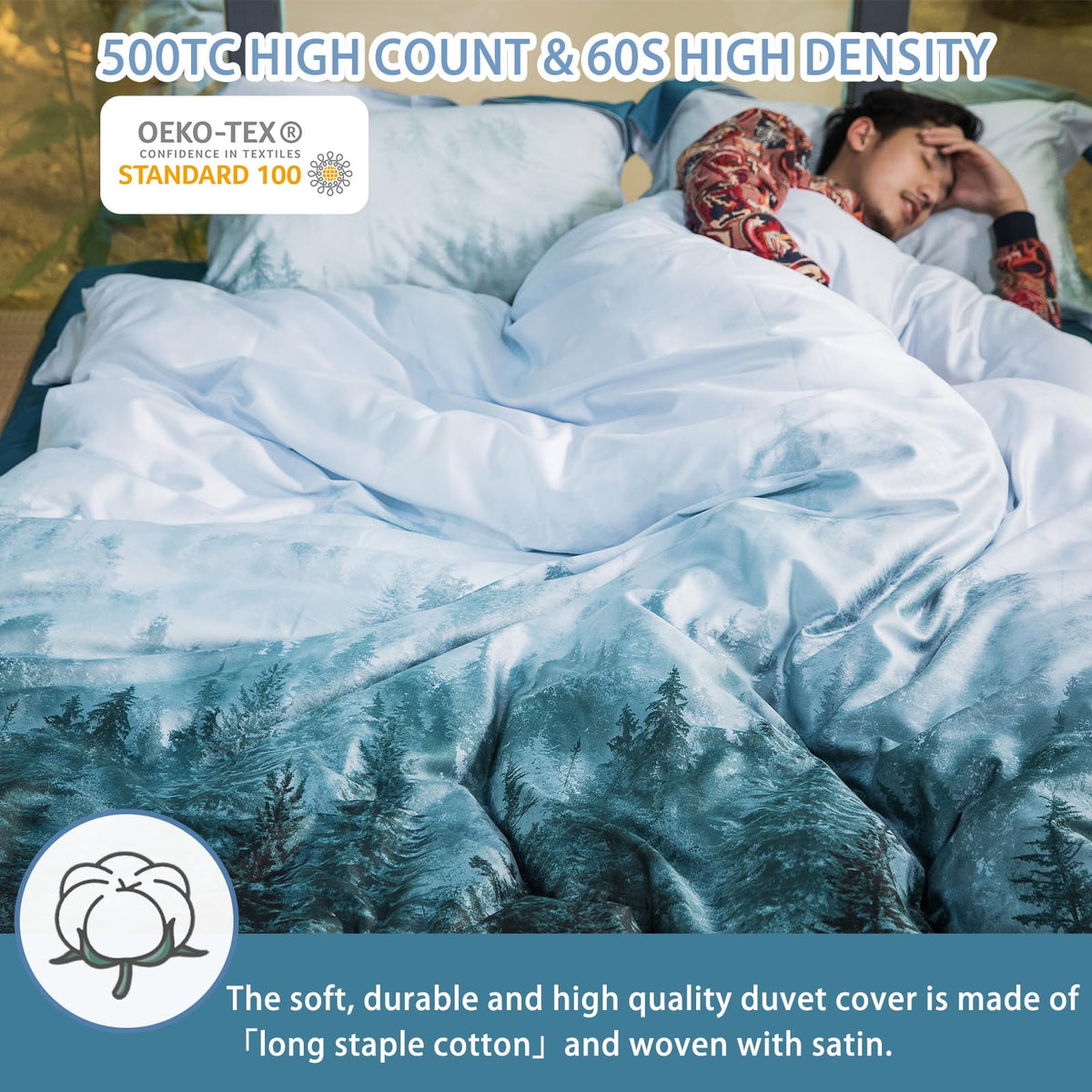 MILDLY 100% Long Staple Cotton Mountain Duvet Cover Set, Blue Green Gradient Trees Pattern Printed Comforter Cover Set