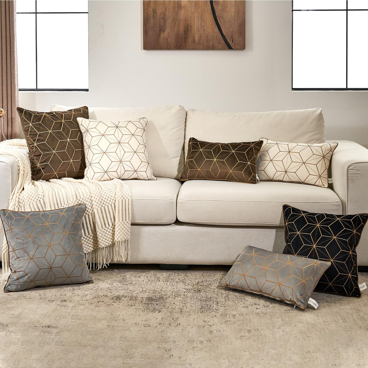 Aeckself Gray Gold Velvet Lumbar Throw Pillow Cover 12 x 20 Inch, Embroidery Rectangle Modern Plaid Accent Pillow Cover with Stitched Edge Decorative Oblong Cushion Case for Couch Living Room Bedroom