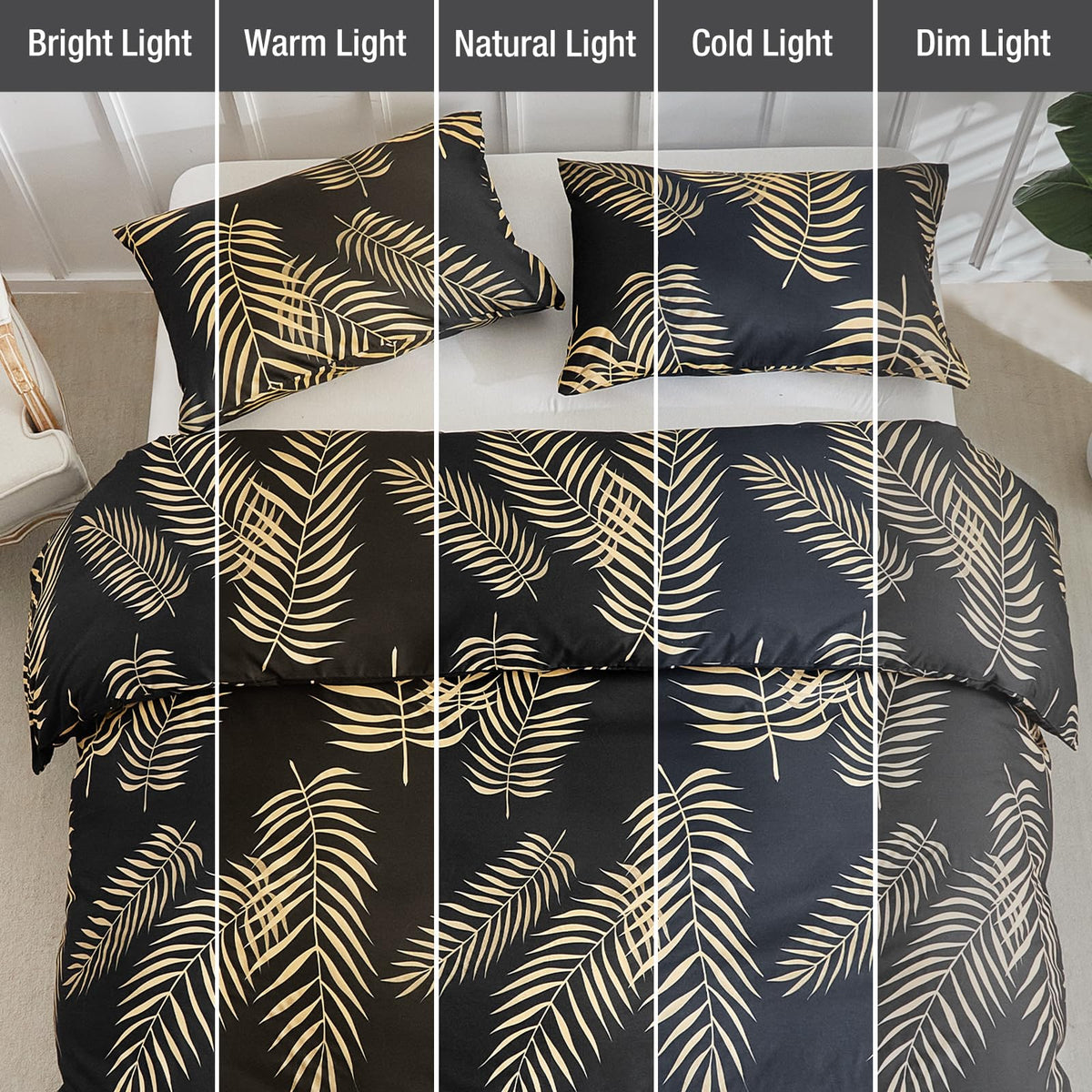 Lekesky King Duvet Cover Set, Black and Gold Tropical Palm Leaf Pattern Comforter Cover King Size, 3 Pieces Soft Microfiber Bedding Sets with Zipper & 2 Pillowcases, Comforter Not Included