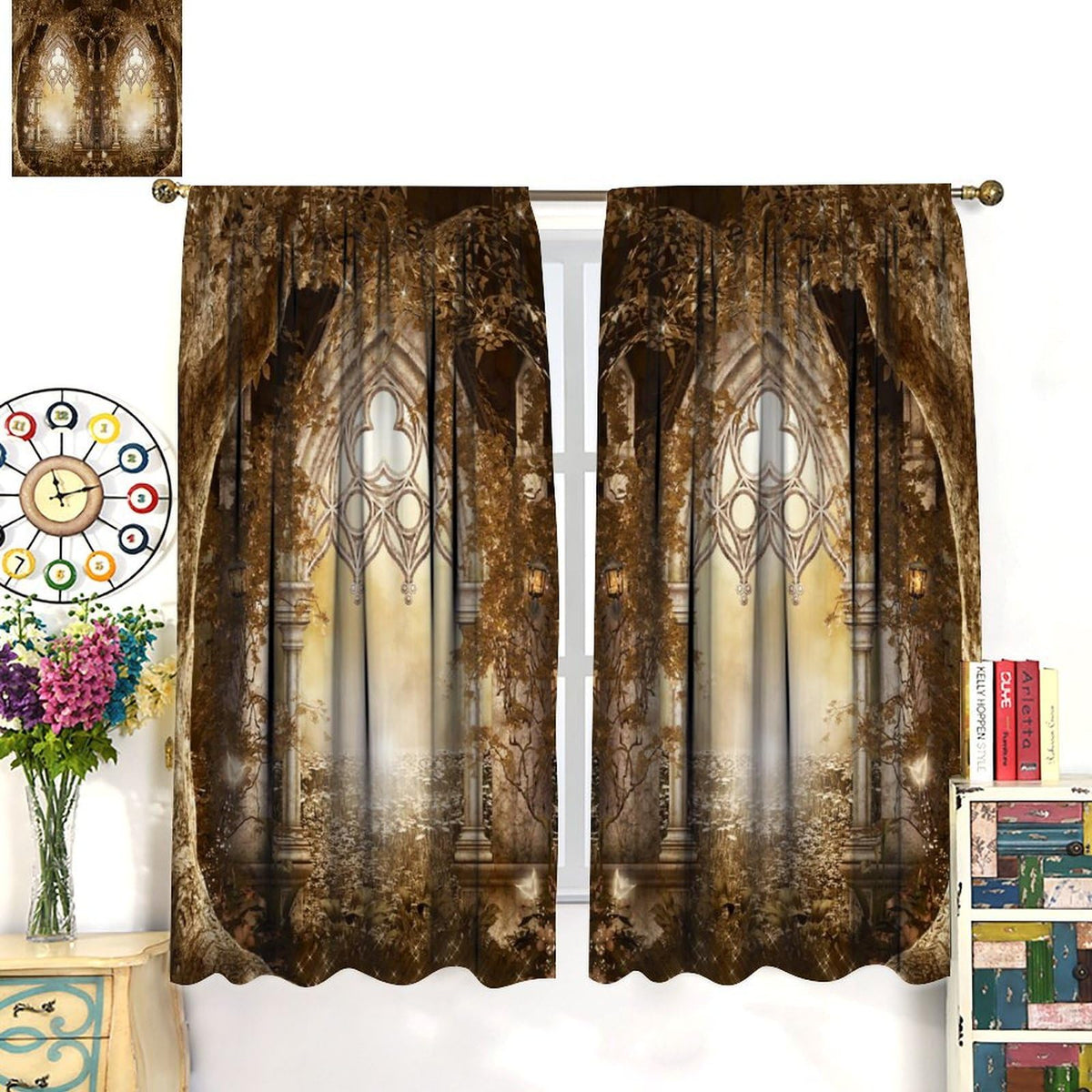 YCness Fantasy Nature Autumn Leaves Curtains, Landscape Golden Sparkle Gothic Fantasy Gate Magic Dreamland Fairy Window Treatments for Kitchen Living Room Bedroom Home, 2 Panels 42x45 Inch