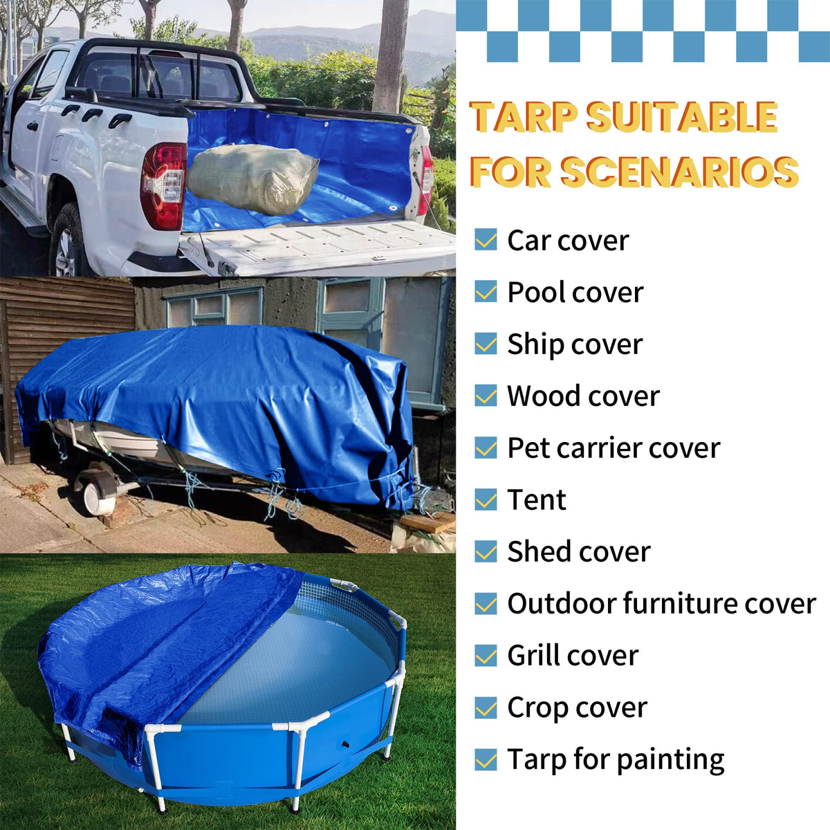 TARPAL 40x40 feet Blue tarp, 8mil Medium Duty tarps Waterproof, Tear Resistant with Metal Grommets, Suitable for Outdoor Tent Emergency rain Cover,Floor tarp,and Other uses.