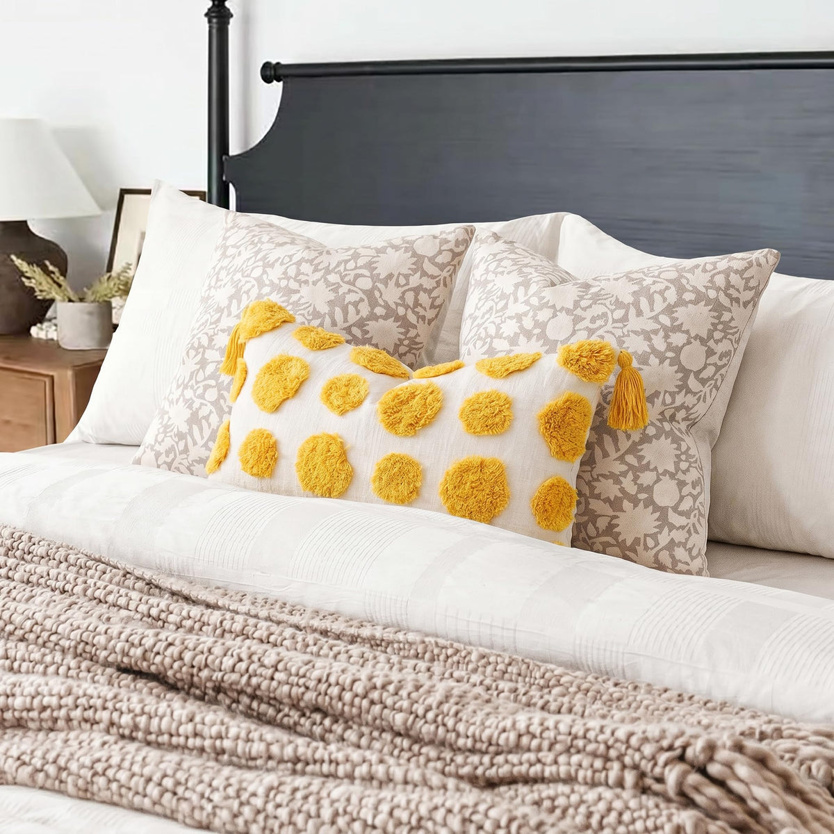 PANOD Super Soft Farmhouse Decorative Plush Throw Pillow Covers 12 x 20 Yellow,Solid Pom pom Tufted with Tassels Modern Accent Boho Lumbar Cushion Cover Pillow Case for Couch Sofa