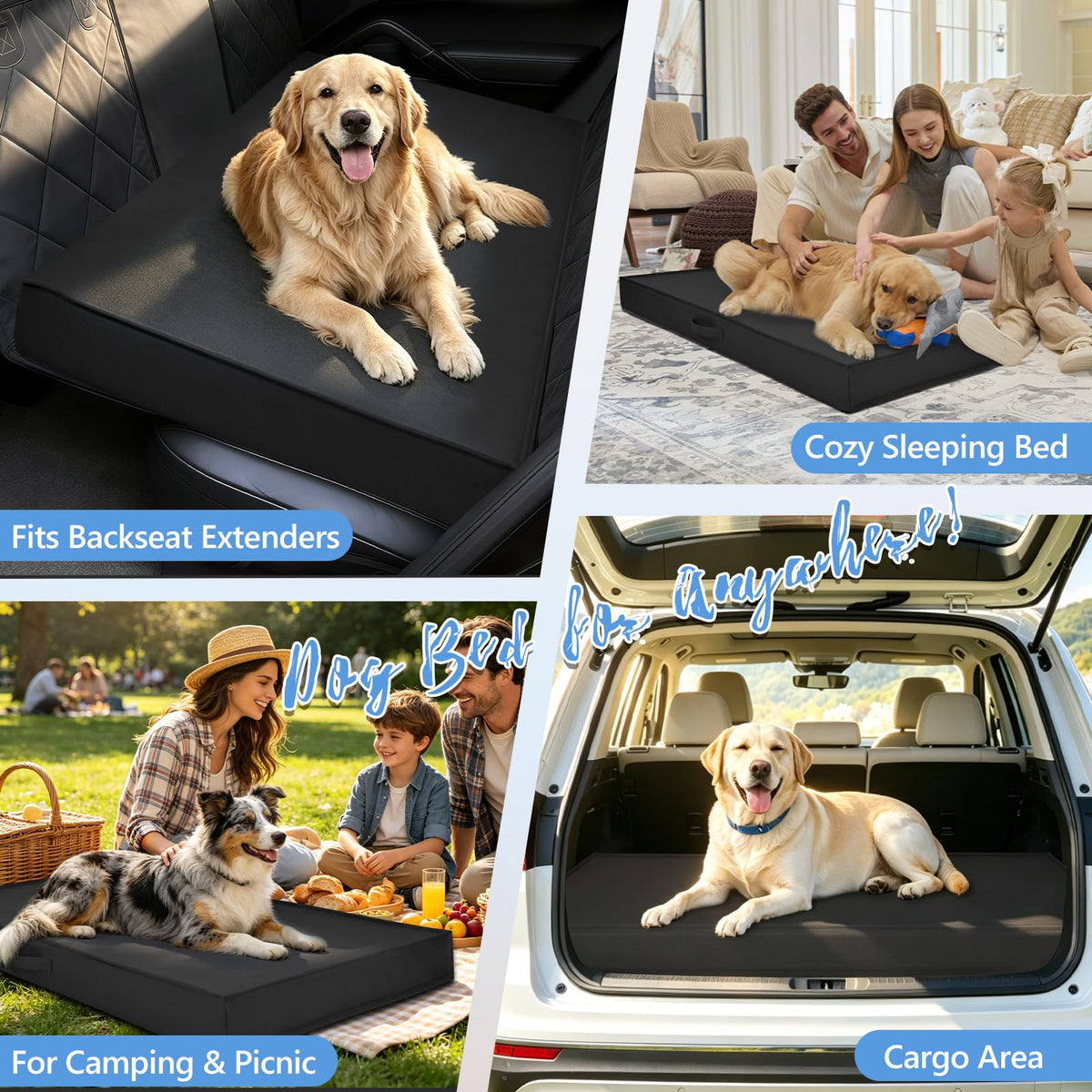 Backseat Dog Bed, Dog Bed for Car Back Seat, 4in Orthopedic Egg Crate Foam Pet Bed with Oxford Fabric for Backseat Extender – Waterproof, Stable Fit, Washable (51"x23.5", Black)