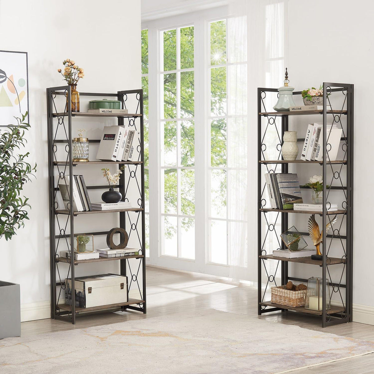 VECELO Folding Bookshelf, 5 Shelf Folding Bookcase No Assembly, Industrial Metal Freestanding Shelves Rack Organizer for Living Room, Office, Bedroom, Kitchen