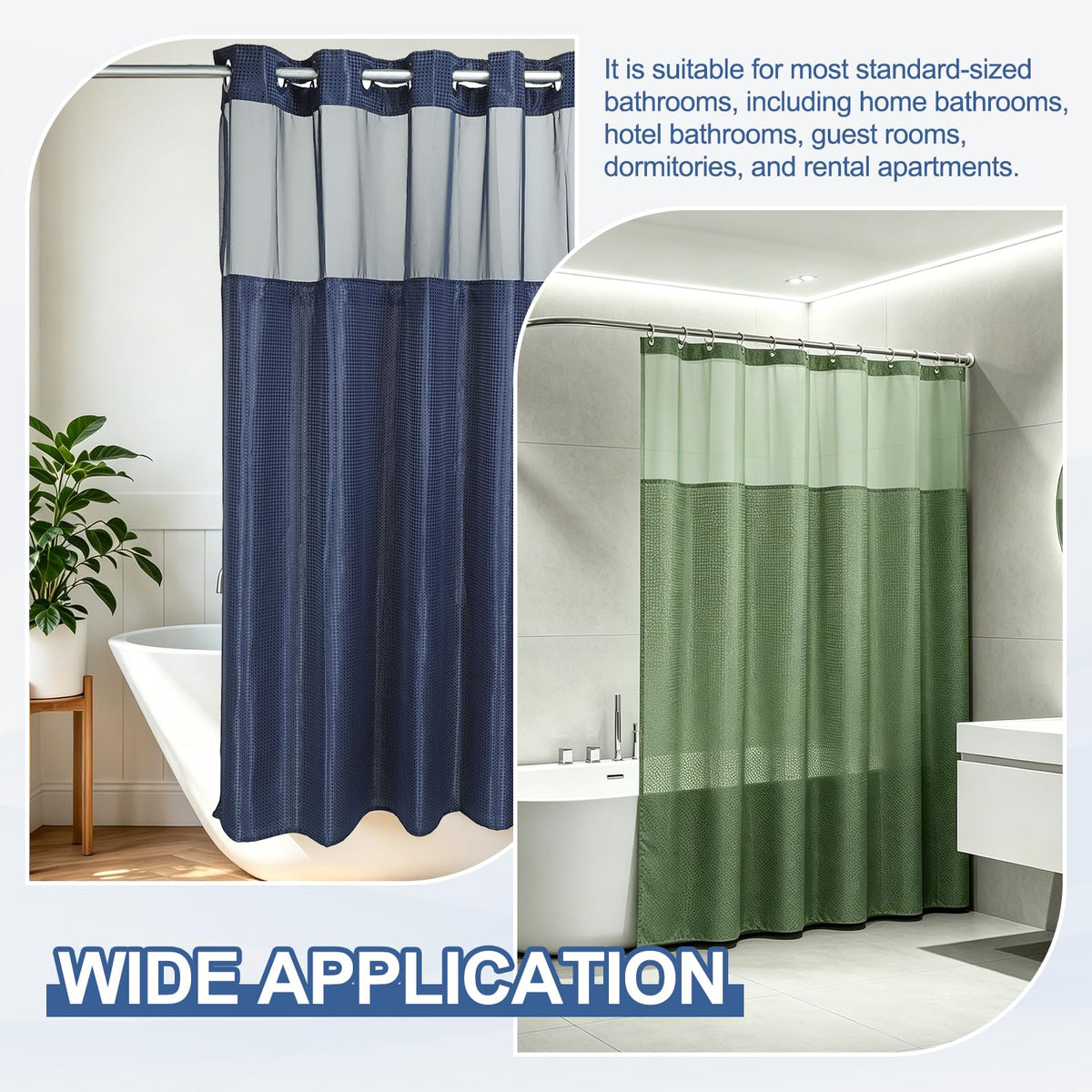 DTGN No Hook Shower Curtain, 71Wx72L Polyester Snap-in Removable Liner Set, Waterproof Washable Waffle Weave Textured Shower Curtains for Home Bathroom Hotel, Navy Blue