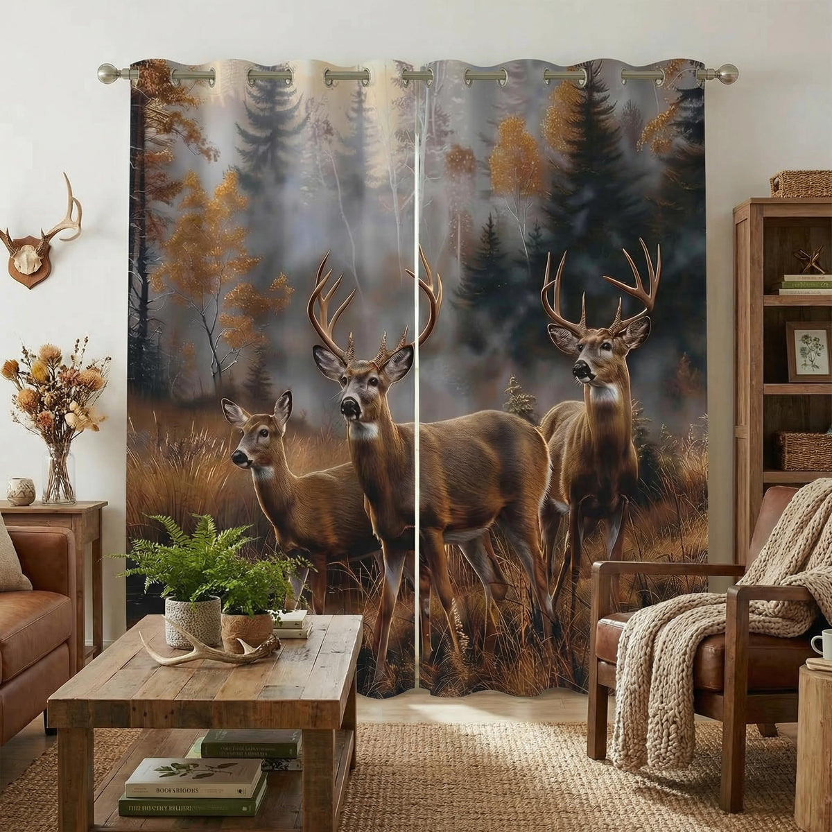 terxgrl Deer Blackout Curtains for Bedroom Living Room, Rustic Cabin Wildlife Whitetail Hunting Grommet Thermal Insulated Window Drapes, 42 x 45 Inch