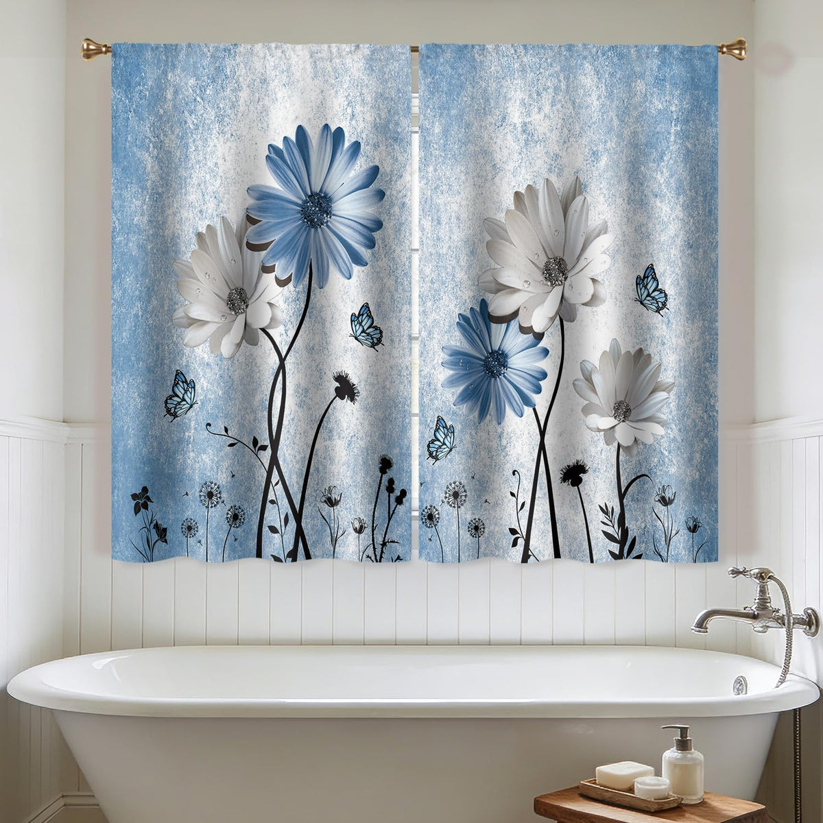 Cizuug Rustic Blue Daisy Floral Kitchen Curtains Farmhouse Flower Small Short Cafe Window Curtains Butterfly Country Rod Pocket Bathroom Window Drapes Treatment Tier Curtains 2 Panels (27.5x39 Inch)