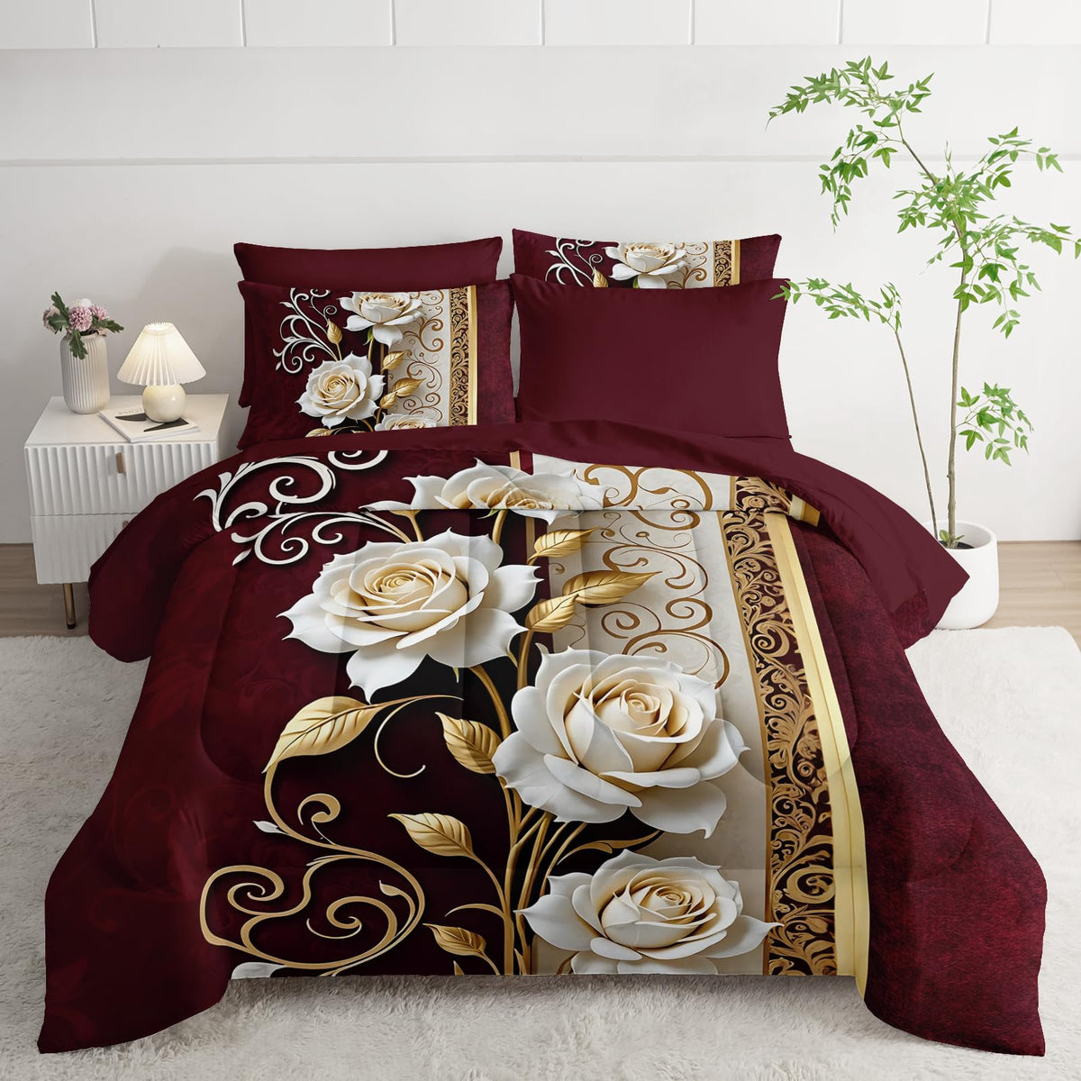 lneffble Red and White Floral Comforter Set Queen Size 7 Piece,Rose Queen Bedding Set,(1 Comforter, 1 Flat Sheet, 1 Fitted Sheet, 2 Pillowcase and 2 Pillow Sham),White Rose Bedroom Decor