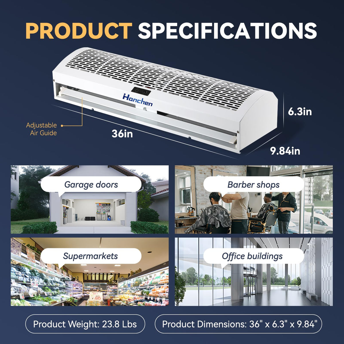 Hanchen 36 Inch Air Curtain 【2026 NEW VERSION】 Magnetic Door Switch 2 Speeds 1527/1292 CFM Uncooled&Unheated Remote Control Super Power Commercial Indoor Heavy Duty Air Door Fan 110V