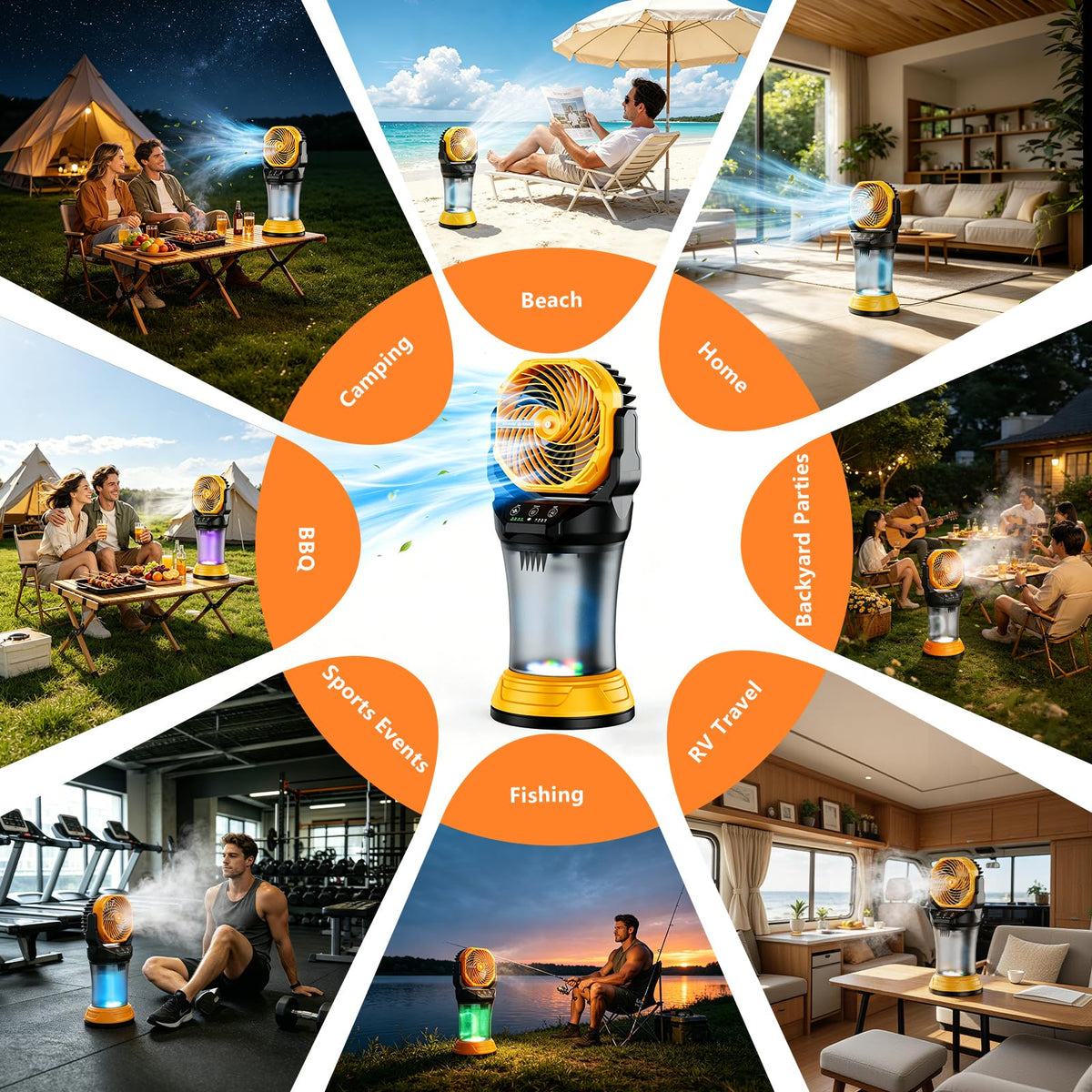 30000mAh Portable Misting Fan, Rechargeable Battery Operated Outdoor Misting Fan with 2L Bucket, 4 Speeds Spray Personal Cooling Fan with RGB Light 120° Auto Oscillating for Patio Camping Beach Garage
