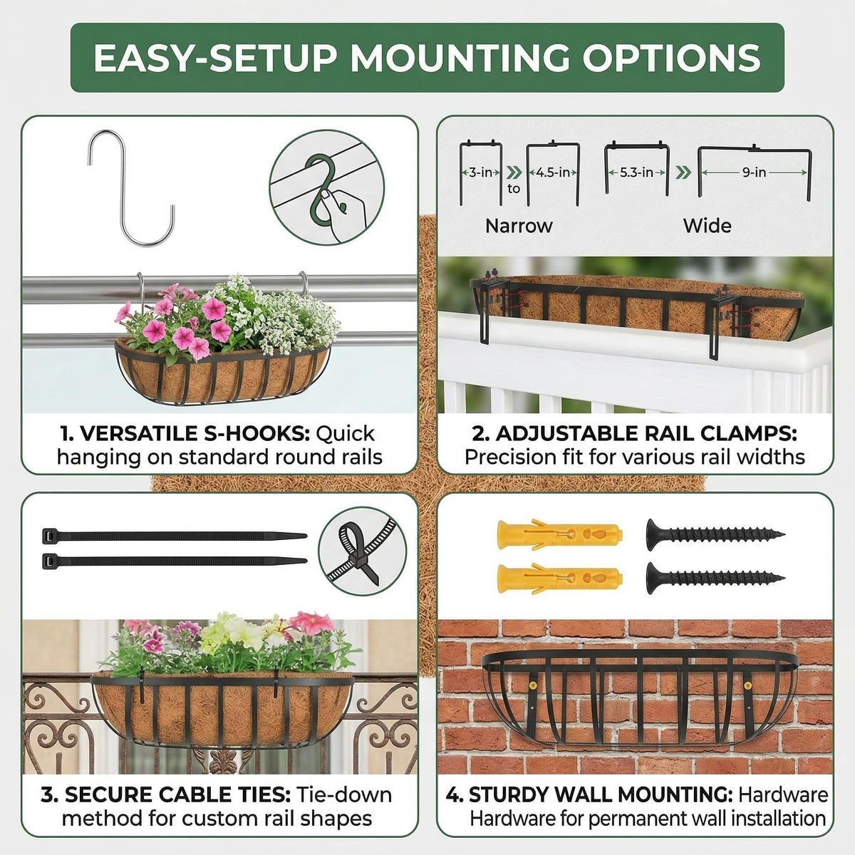 ZVOWOS 2 Pack 16" Railing Planter Window Box with Coco Fiber Liner Horse Trough Planter The Railing Planter Boxes for Deck Porch Fence Outdoor
