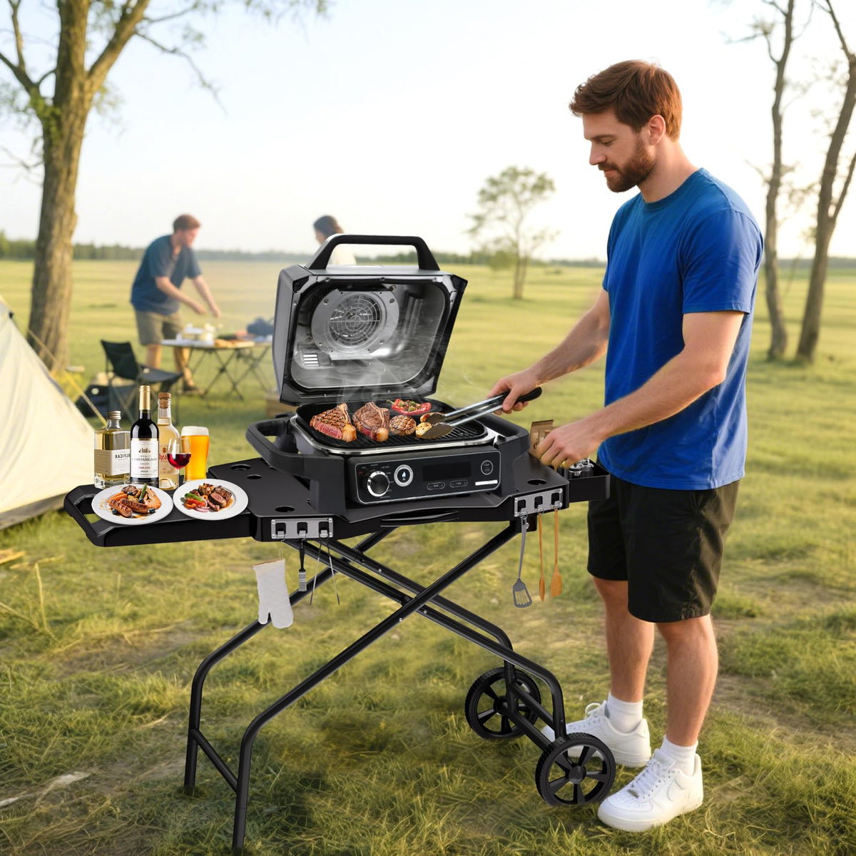 GRISUN Foldable Grill Table Stand for Ninja Woodfire Outdoor Grill(OG700/701/751), Portable Camping Table for Blackstone 22", Portable BBQ Stand with 2 Wheels, Side Table & Storage Basket