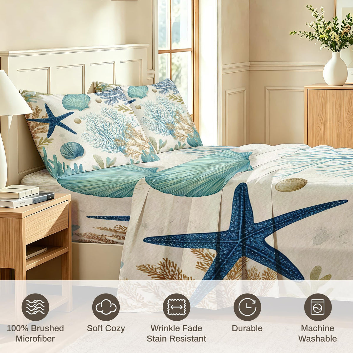 Seashell Coral Full Sheet Set 4 Pcs Coastal Bed Sheets