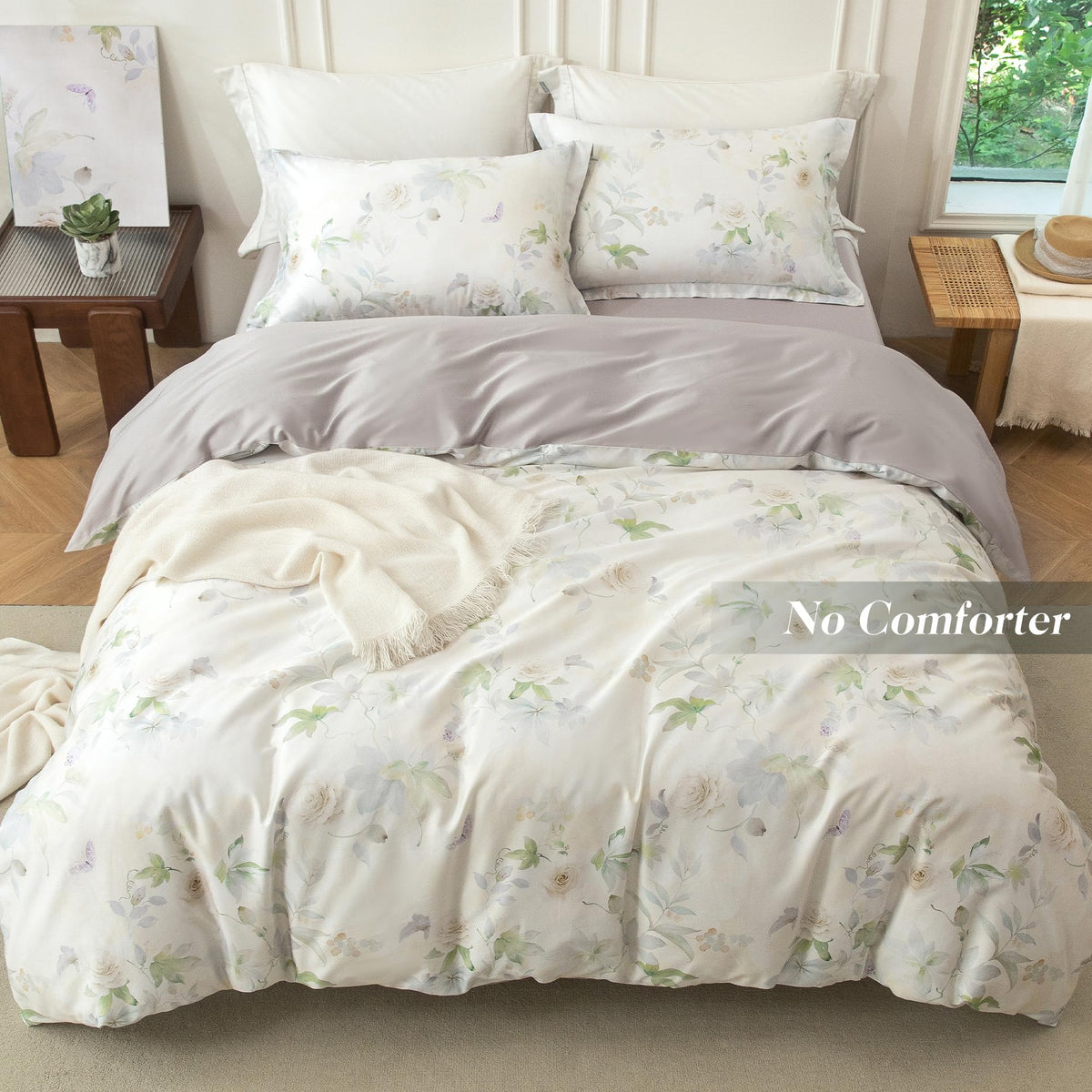 MILDLY Queen Duvet Cover Set - 100% Long-Staple Cotton Beige Floral Patten Reversible Comforter Cover - 3Pcs Soft Breathable Luxury Bedding for All Season