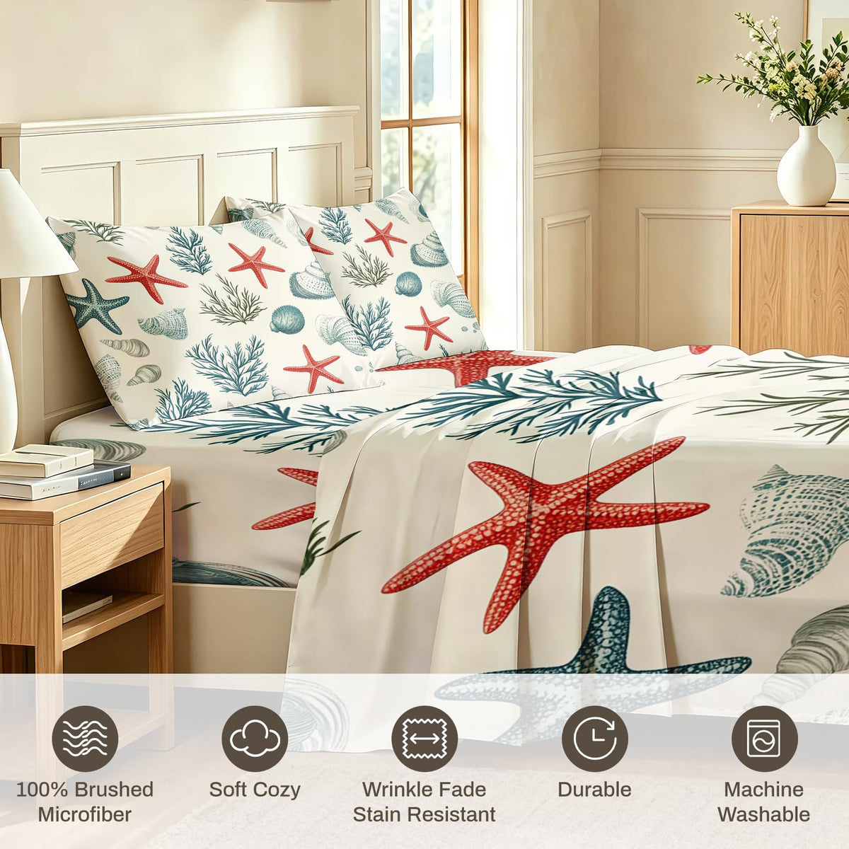 Coastal Queen Sheet Set 4 Pcs Marine Life Bed Sheets