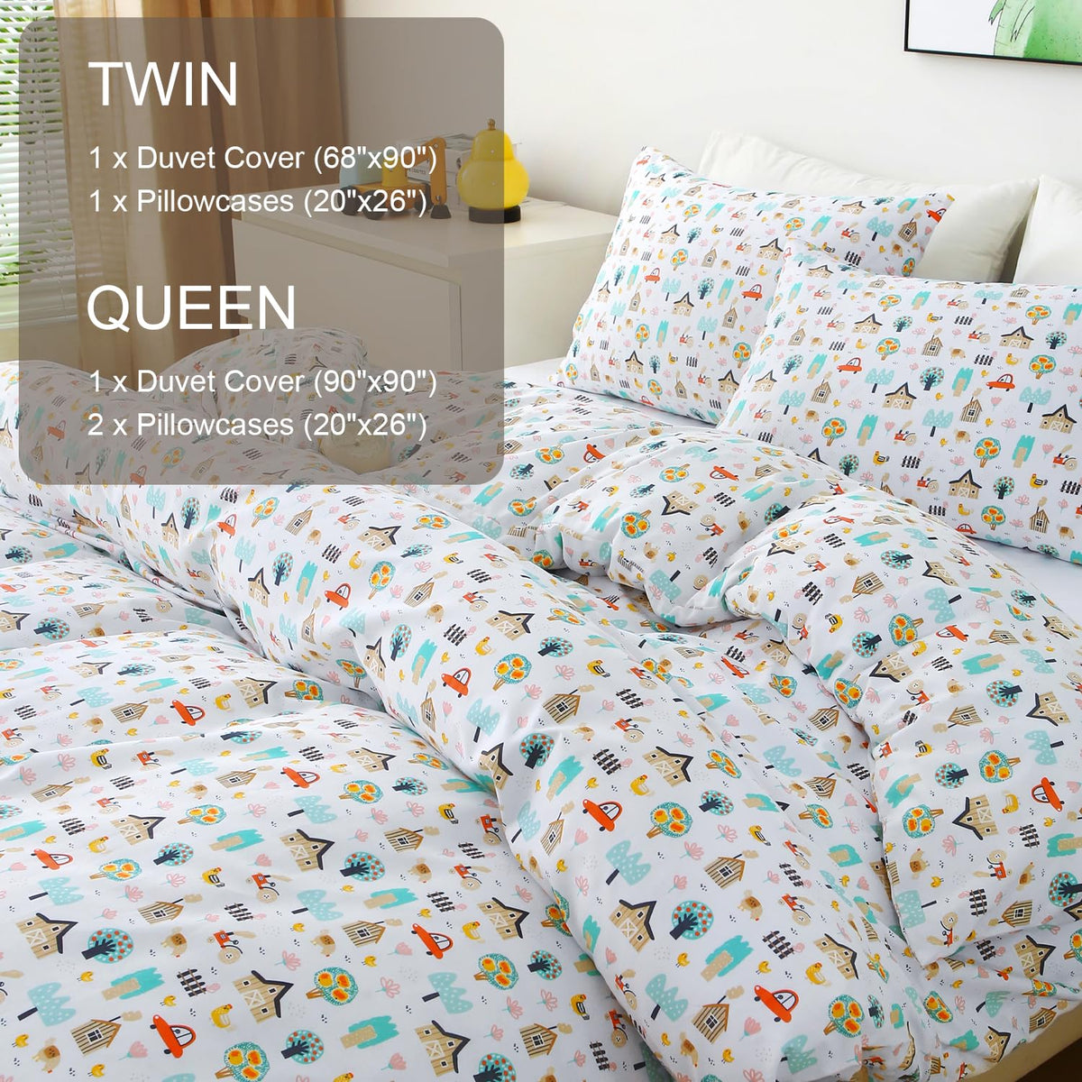 Ivellow Queen Duvet Cover Set Cottage White 100% Cotton Duvet Cover for Kids Cute Bedding Set 3Pcs Ultra Soft Breathable Kids Duvet Cover Patterned Cartoon Comforter Cover Boys Girls Toddler Teen